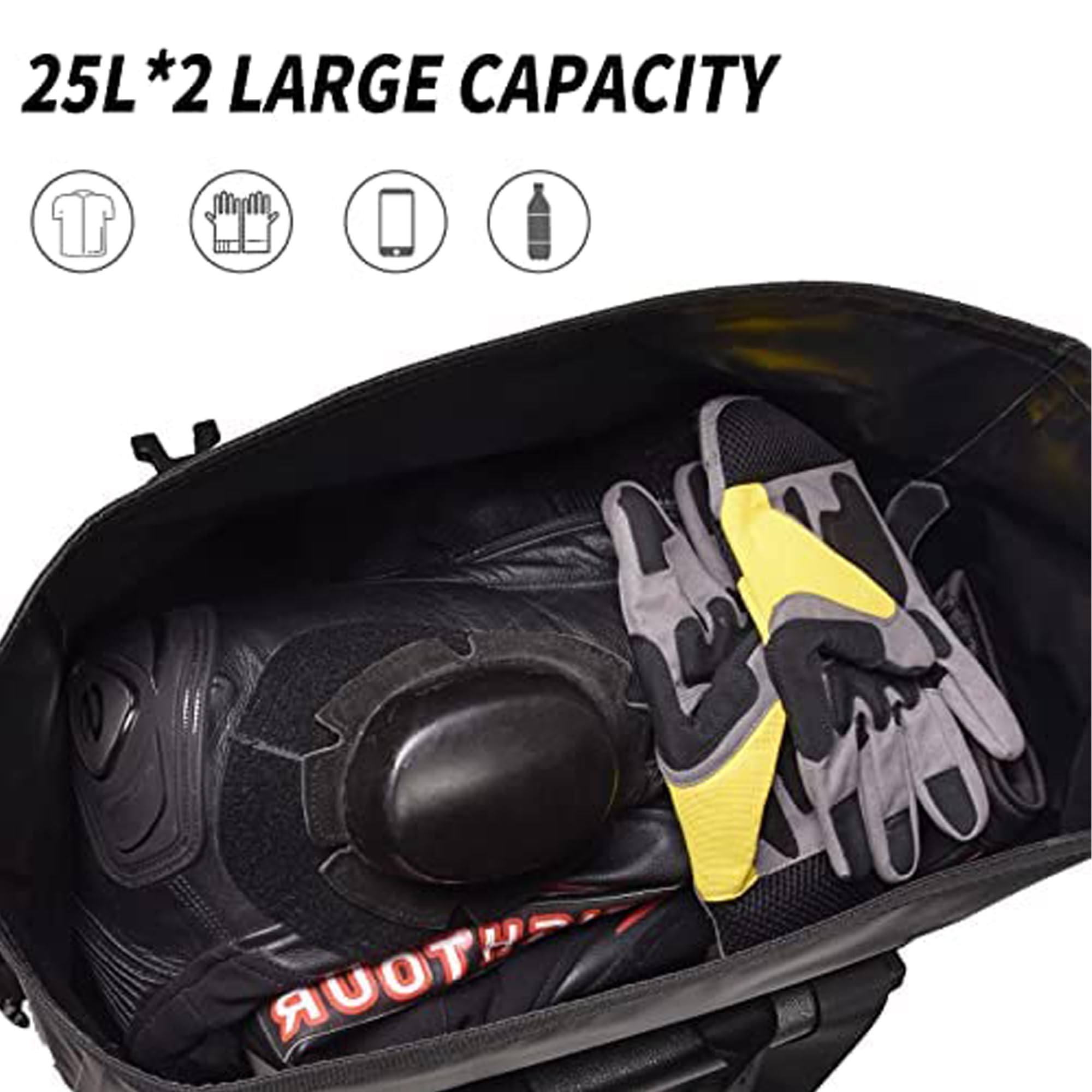 Waterproof Motorcycle Saddlebags 50L - Detachable Motorcycle Luggage Bags for Travel - Universal Fit for Scooter, Honda, Suzuki, Yamaha - Black 2 Pack - Perfect for Long Rides, Camping & Road Trips