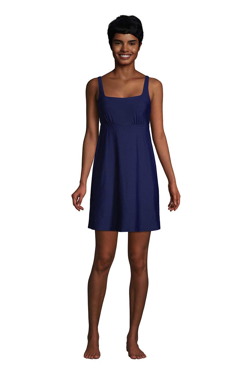 Lands' End Women's Chlorine Resistant Tummy Control Square Neck One Piece Swimsuit with Shorts - Swim Dress for Beach, Pool & Vacation