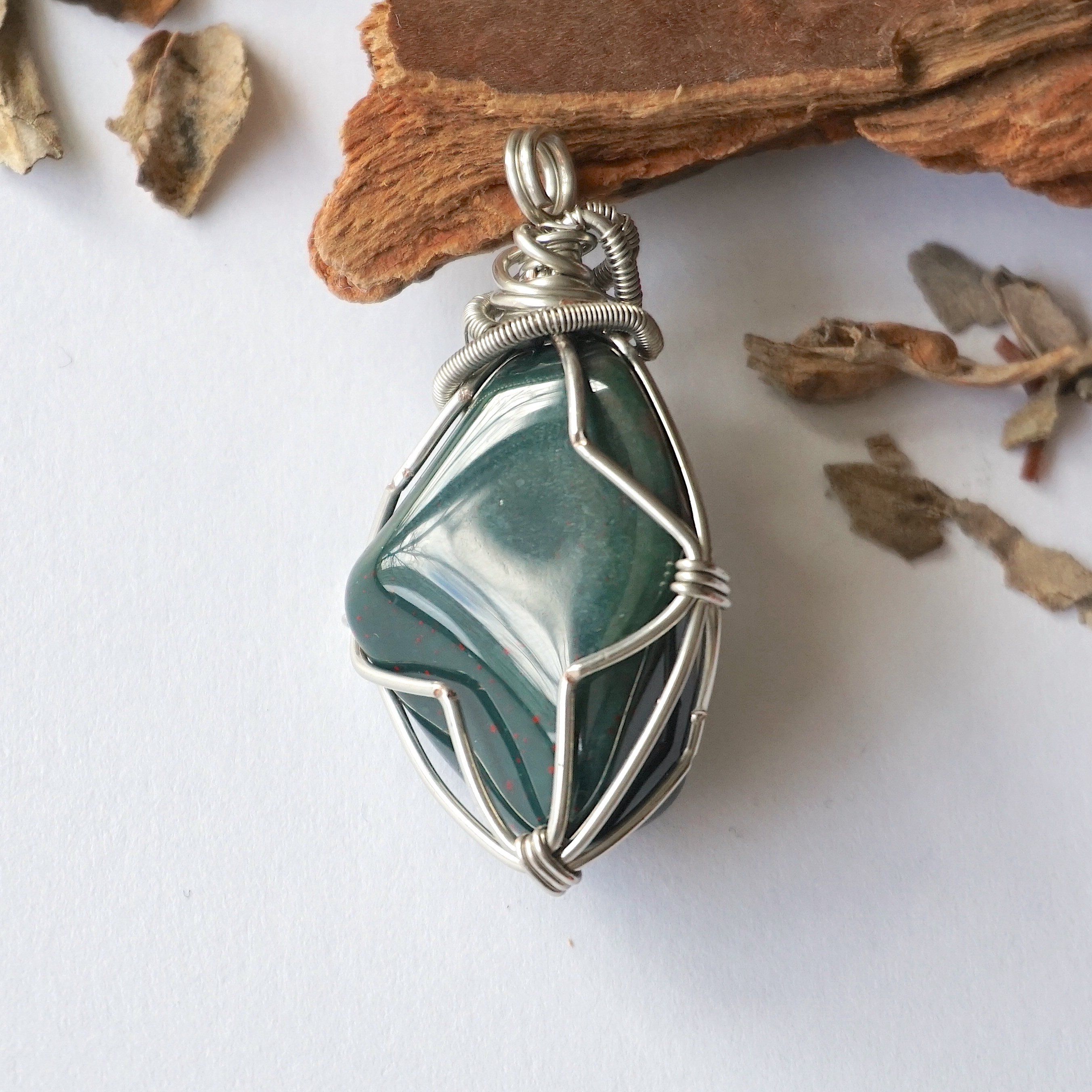 Natural Bloodstone Necklace with White Gold Plated Brass Pendant - Healing Crystal Jewelry for Women, Meditation & Energy Balancing