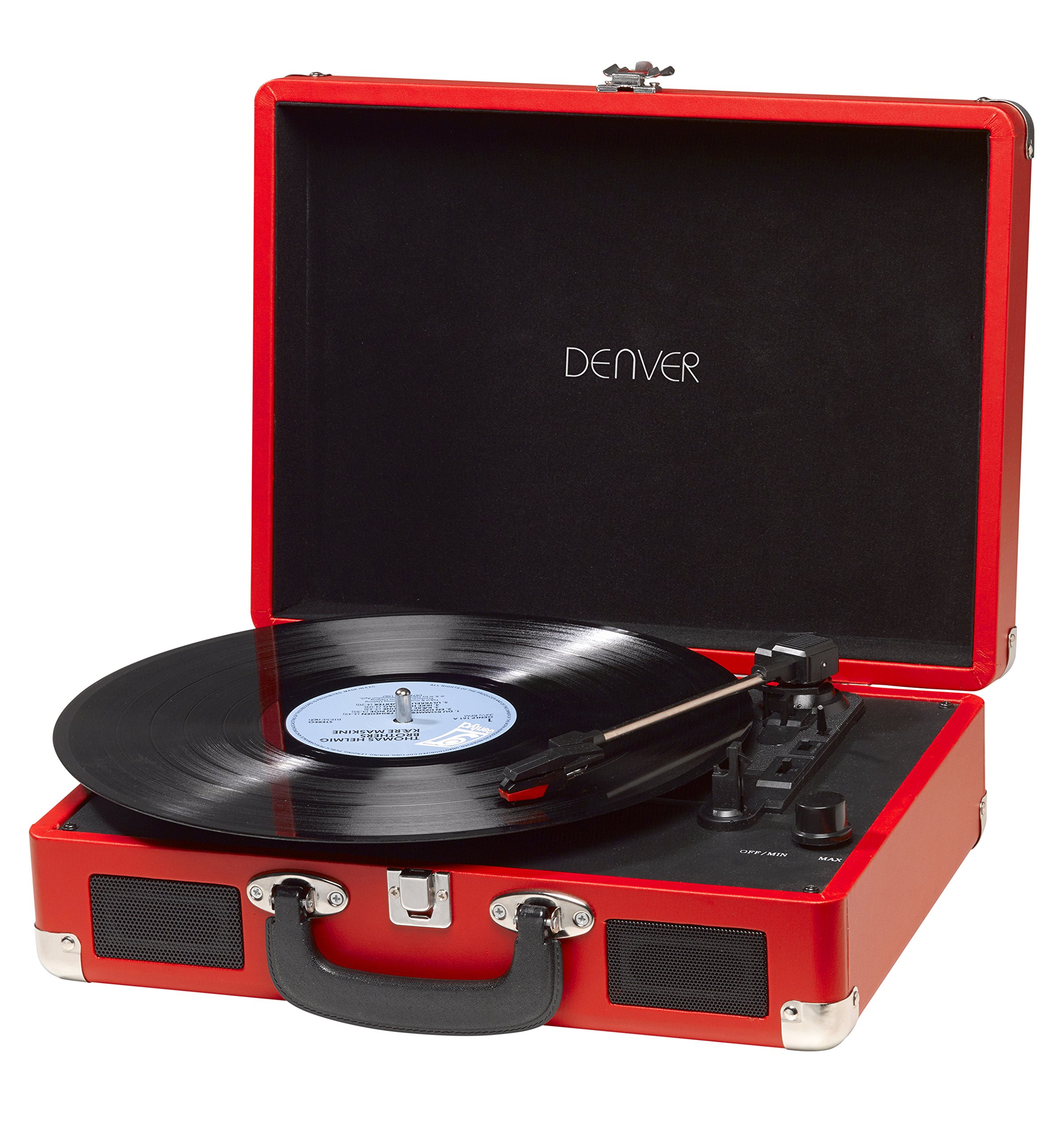 BelleVue Denver Vintage Record Player - Classic Red Vinyl Turntable with Built-in Speakers | Perfect for Home, Office & Retro Music Lovers