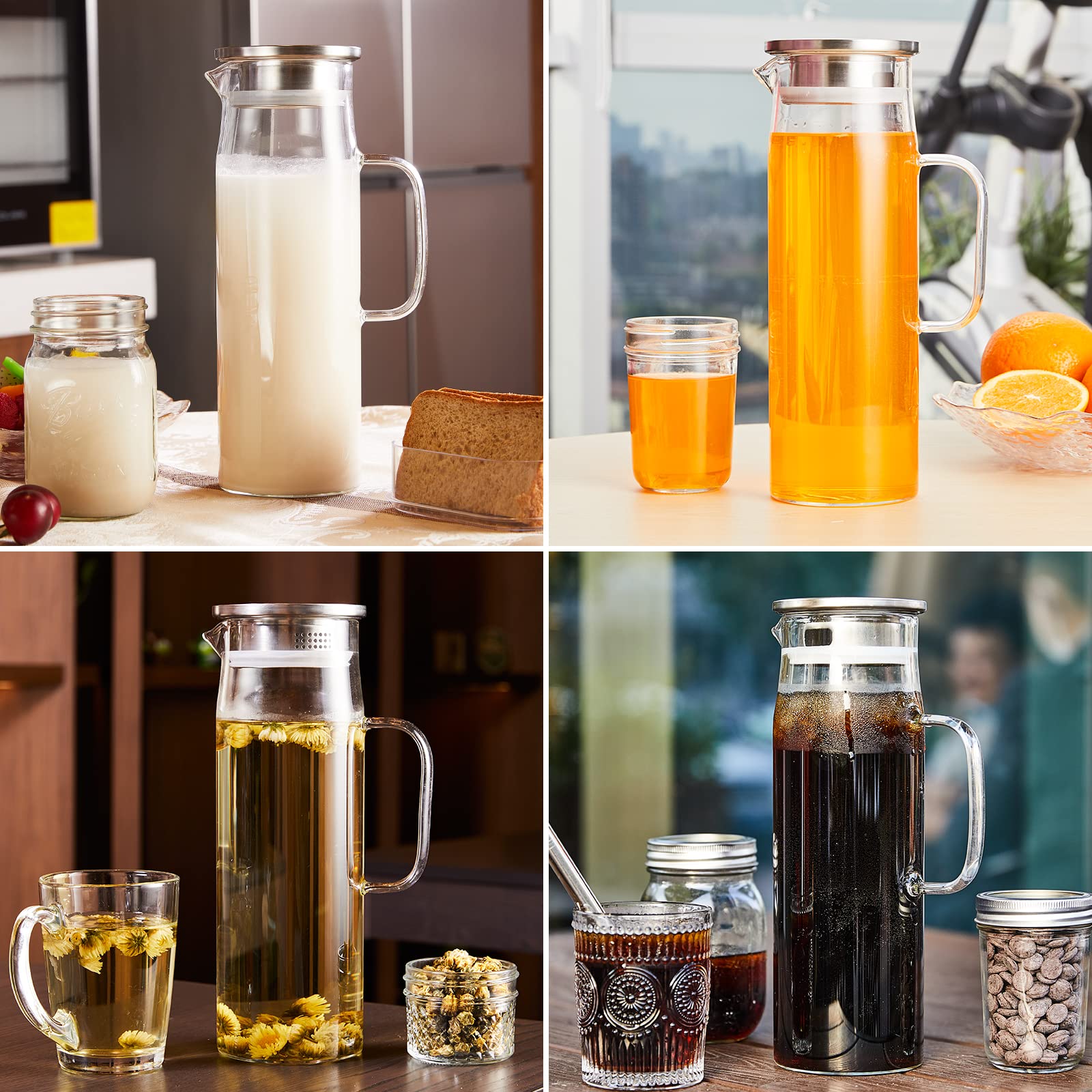 Yirilan 1.5L Borosilicate Glass Pitcher with Lid - Heat Resistant Iced Tea & Water Carafe with Handle - Perfect for Serving Beverages, Cocktails, and Lemonade at Parties, BBQs, and Family Gatherings