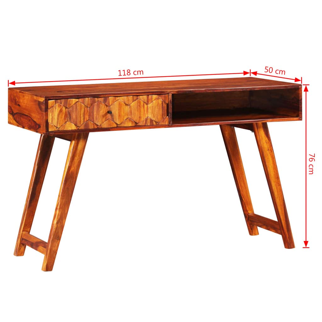 Solid Sheesham Wood Writing Desk - Compact Small Space Desk with Storage Drawers & Compartments (46.5