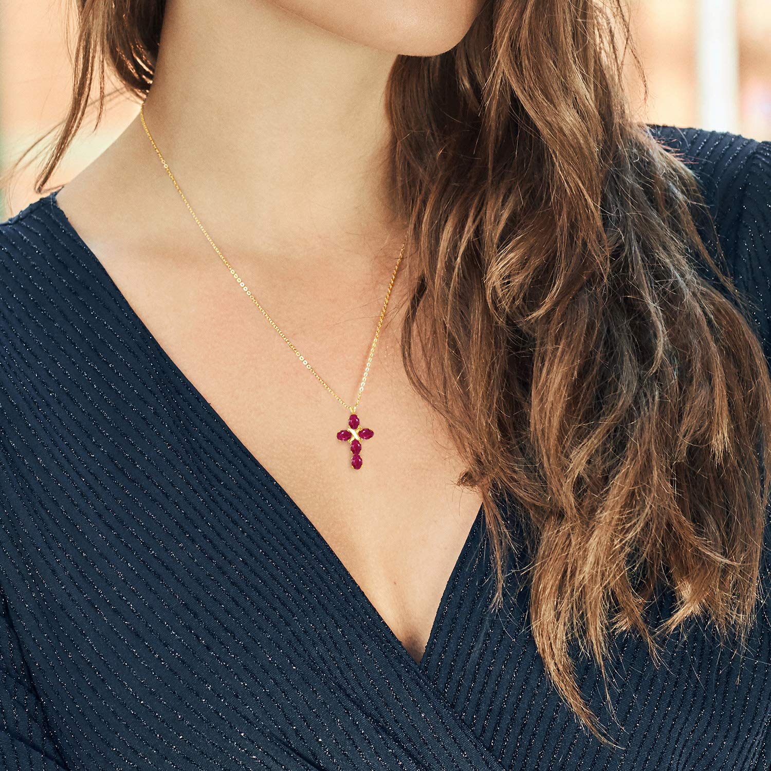 Gem Stone King 6X4MM Oval Birthstone Cross Necklace for Women - 18K Yellow Gold Plated Silver Christian Crucifix Pendant with 18 Inch Chain | Religious Jewelry Gift for Baptism, Confirmation & Daily Wear