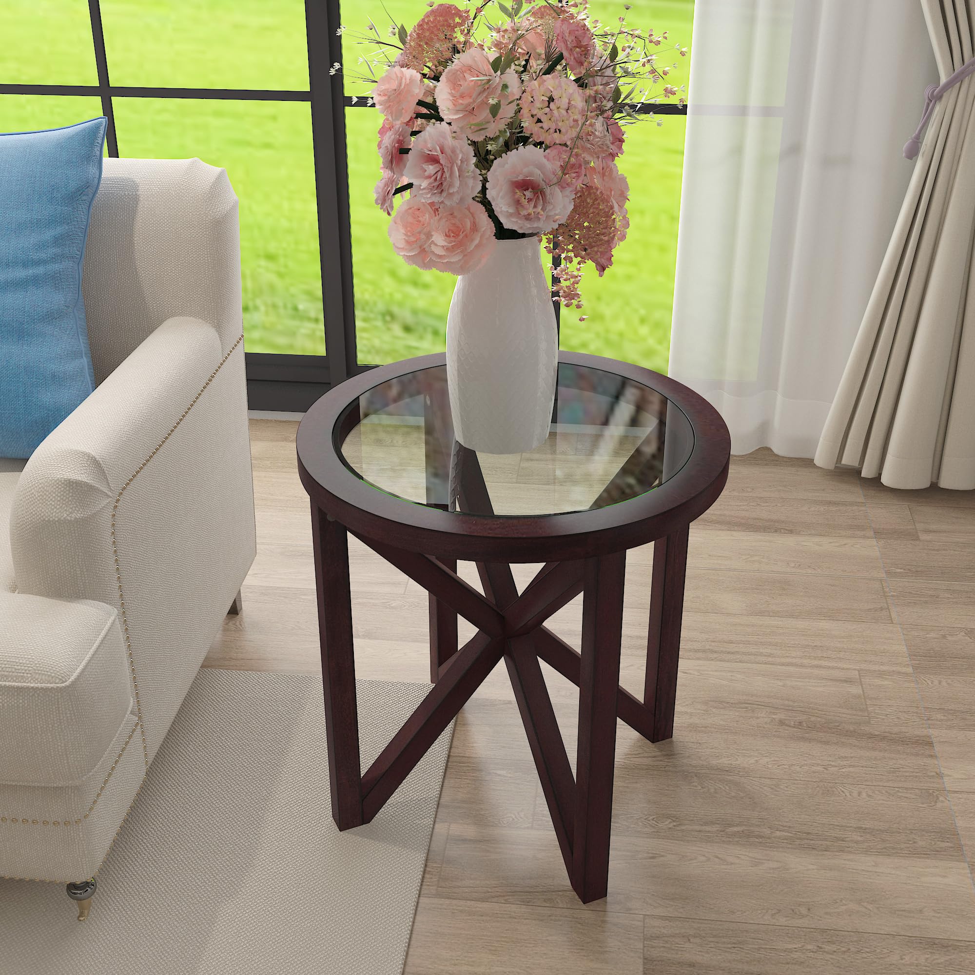 Modern Oval Wooden Coffee Table Set with Tempered Glass Top - 3-Piece Living Room Side Table Set in Cherry Brown - Perfect for Small Spaces, Apartments & Cozy Home Decor
