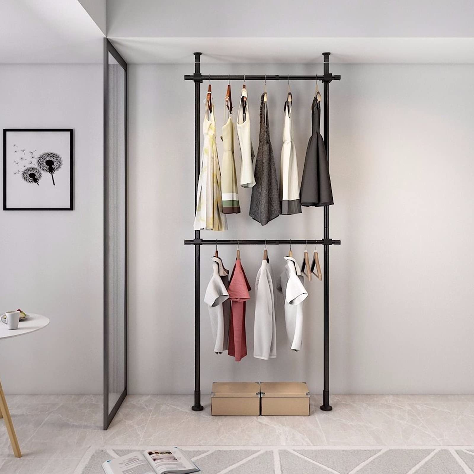 YIYIBYUS 2-Tier Telescopic Clothes Wardrobe Organizer - Heavy Duty Hanging Garment Rack with Open Shelves, Max 260 lbs Capacity - Perfect for Bedroom Closet Organization & Small Space Storage