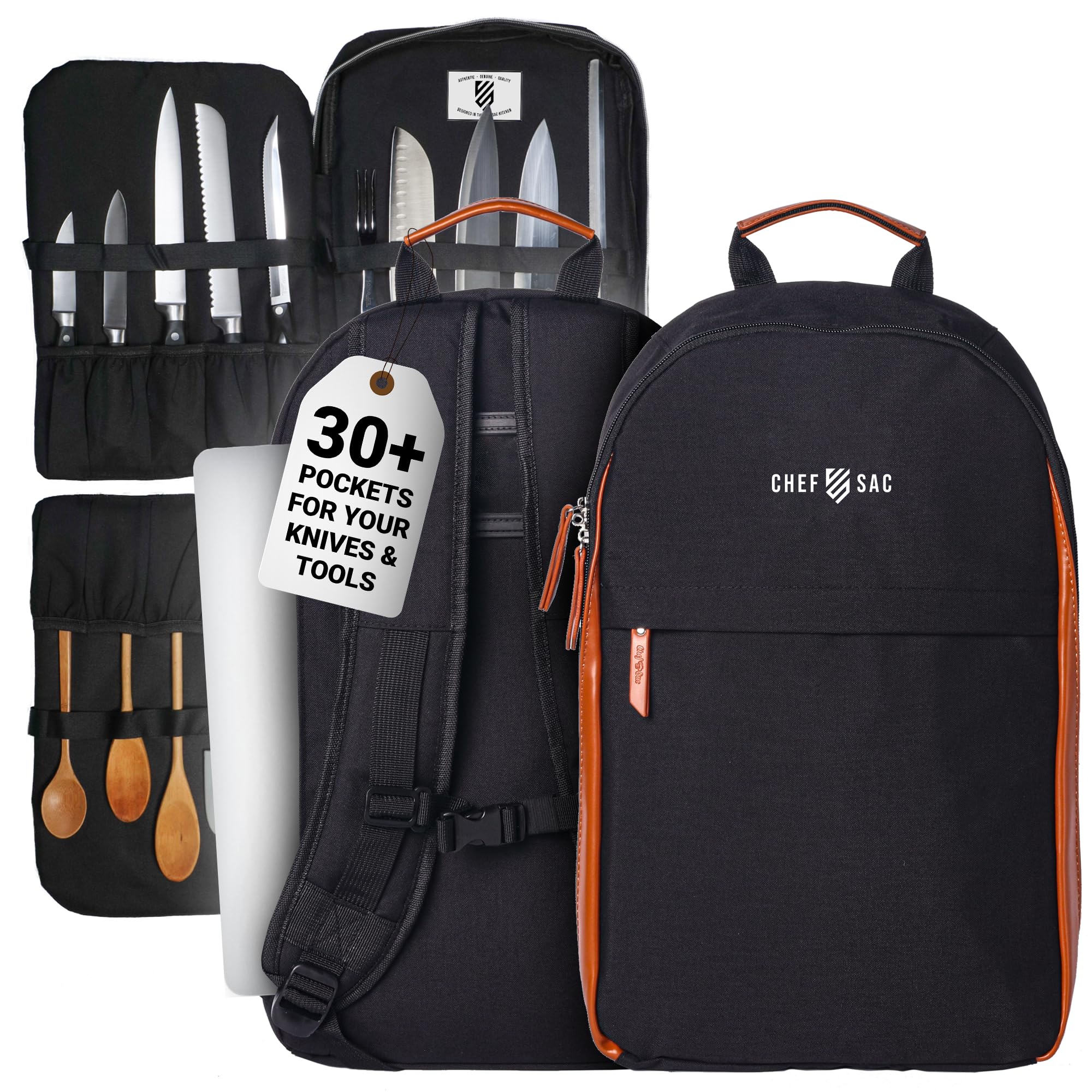 Premium Magnetic Chef Knife Backpack - 20+ Pockets for Professional Knives & Cooking Tools - Large Compartment for Tablet & Laptop - Durable Kitchen Backpack for Chefs & Culinary Students (Black) - Perfect for Restaurant Work, Culinary School & Outdoor Catering Events