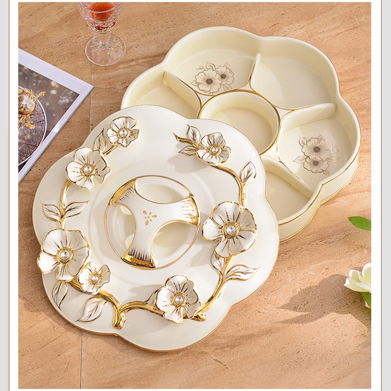 7-Grid Candy Display Plate with Lid - Dried Fruit, Nuts, and Snacks Storage Tray - Elegant Home Decor for Parties, Festivals, and Daily Use