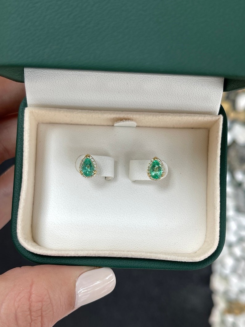 1.07tcw 14K Yellow Gold Teardrop Pear 8x6mm Genuine Emerald & Diamond Pave Halo Earrings for Women - Elegant Dangle Earrings for Weddings, Parties & Special Occasions