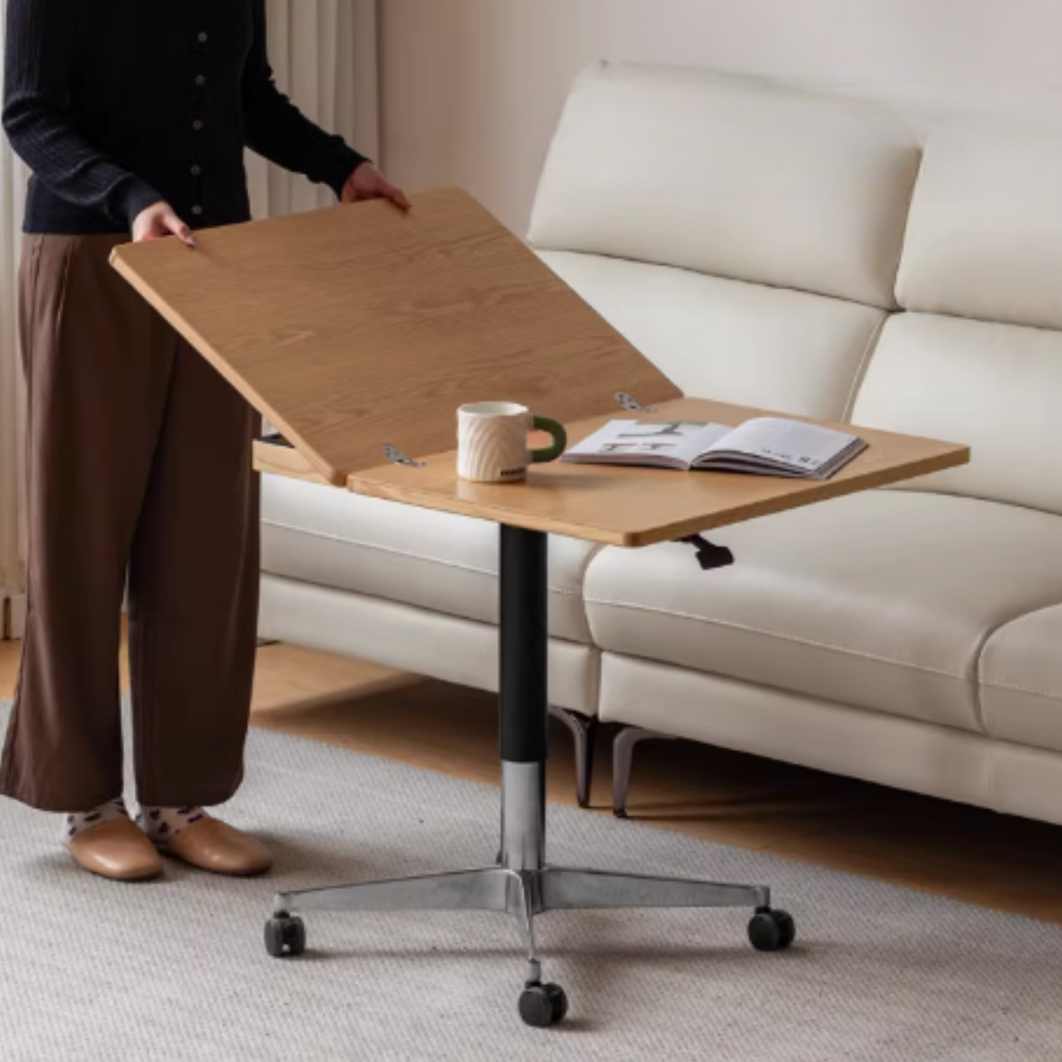Solid Oak Wood Lift-Top Modern Coffee Table - Adjustable Height for Living Room, Home Office, and Small Spaces