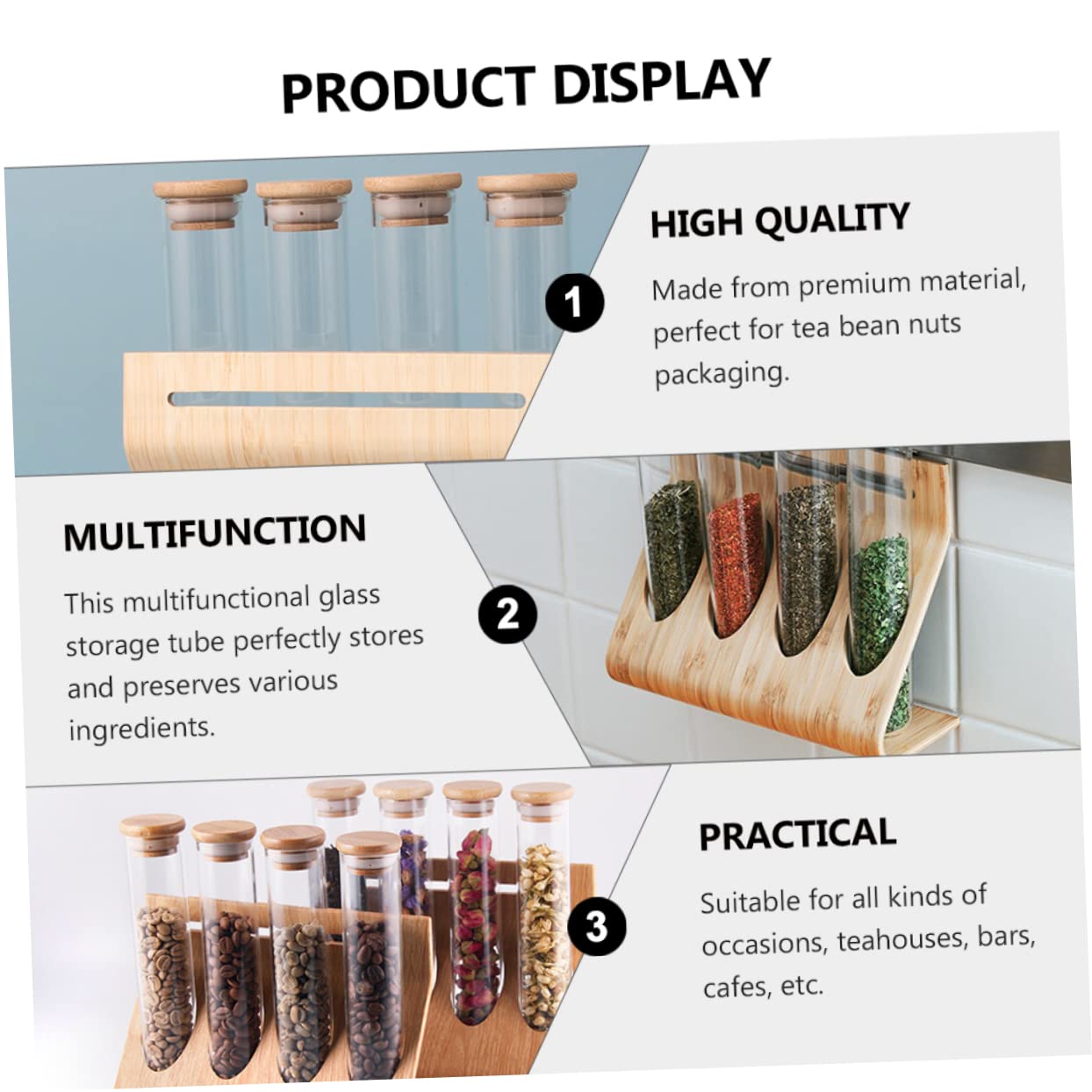 Cabilock 12-Piece Glass Test Tube Set with Wooden Holder Rack & Stoppers - Clear Glass Storage Jars for Coffee Beans, Spices, Tea, Sugar & Candy - Perfect for Kitchen Organization, Coffee Shops & DIY Craft Display