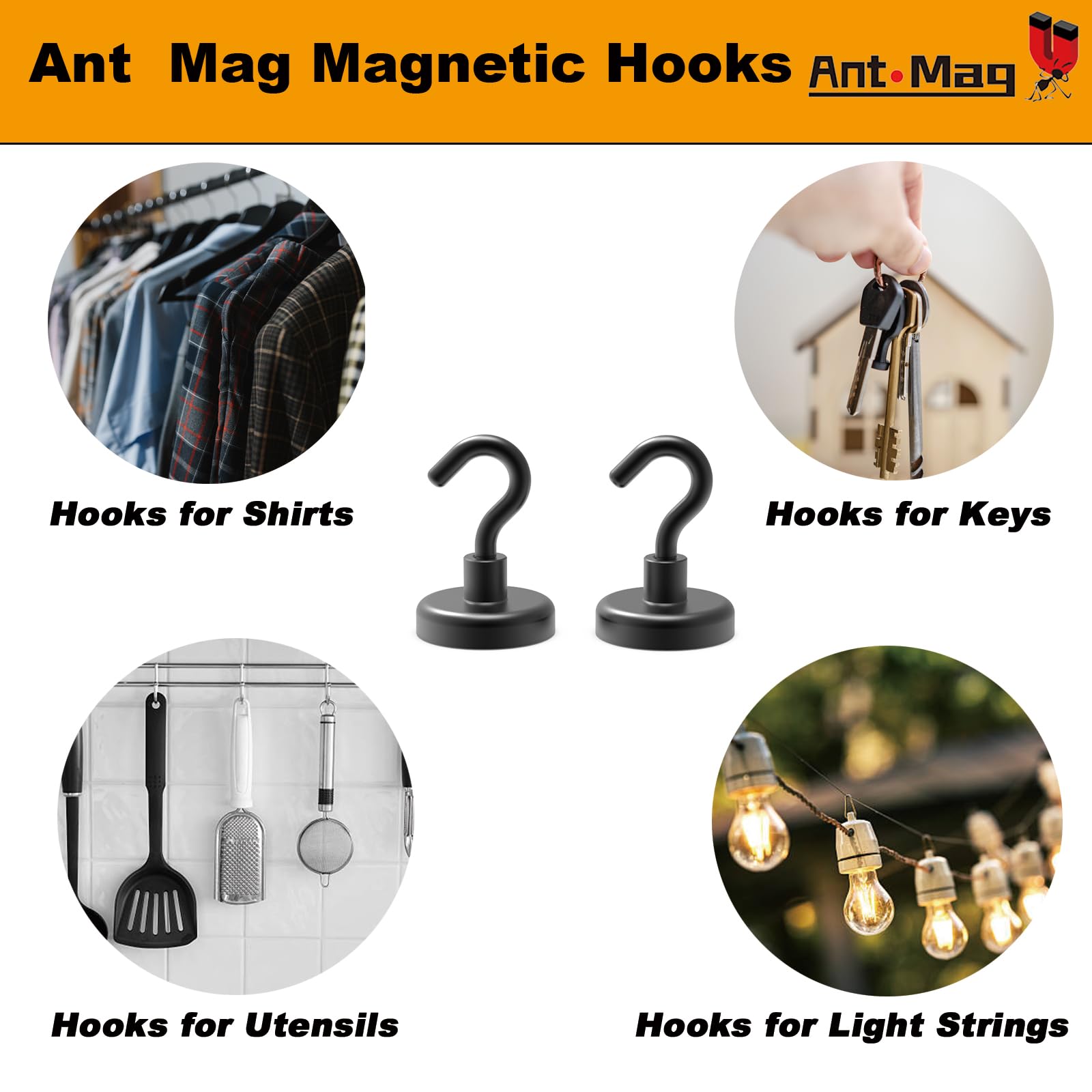 Ant Mag Strong Neodymium Magnet Hooks - 80LBS Heavy Duty Hanging Hooks for Kitchen, Office, Home & Workplace (Pack of 4) - Perfect for Organizing Tools, Keys, Utensils & Decor
