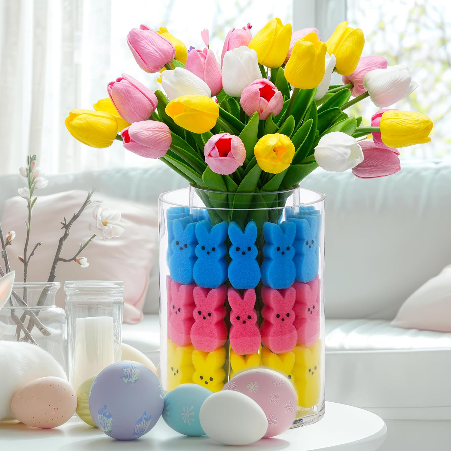 Easter Bunny Table Decorations Set - Artificial Tulips with Bunnies Vase Filler, Spring Rabbit Centerpiece for Home & Party Decor (Vase Not Included) - Perfect for Easter Celebrations, Spring Weddings & Holiday Table Settings