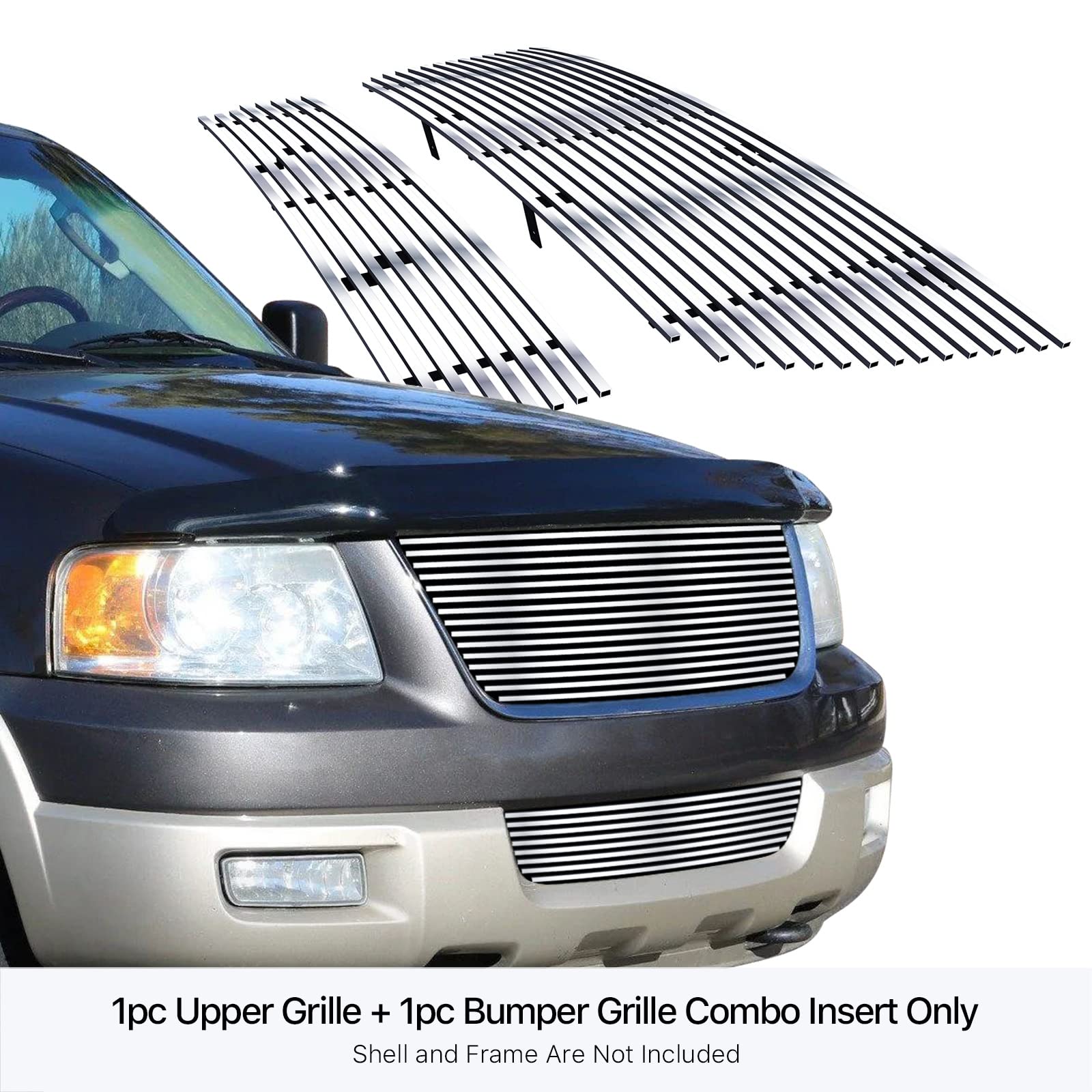APS Compatible with Ford Expedition 2003-2006 Main Upper Lower Bumper Stainless Steel SS Billet Front Grill Grille Insert Combo RE-F87993A - Upgrade Your Truck's Style for Off-Road Adventures & Car Shows
