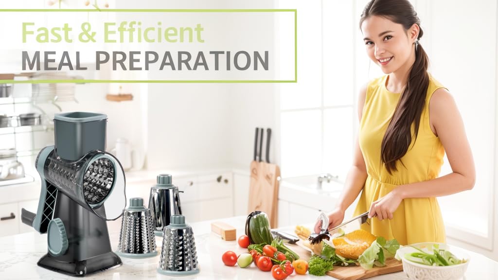 Rotary Cheese Grater with Handle - 3 Interchangeable Blades for Shredding Cheese, Vegetables, Nuts & Chocolate - Perfect for Kitchen, Salad Prep & Baking Needs