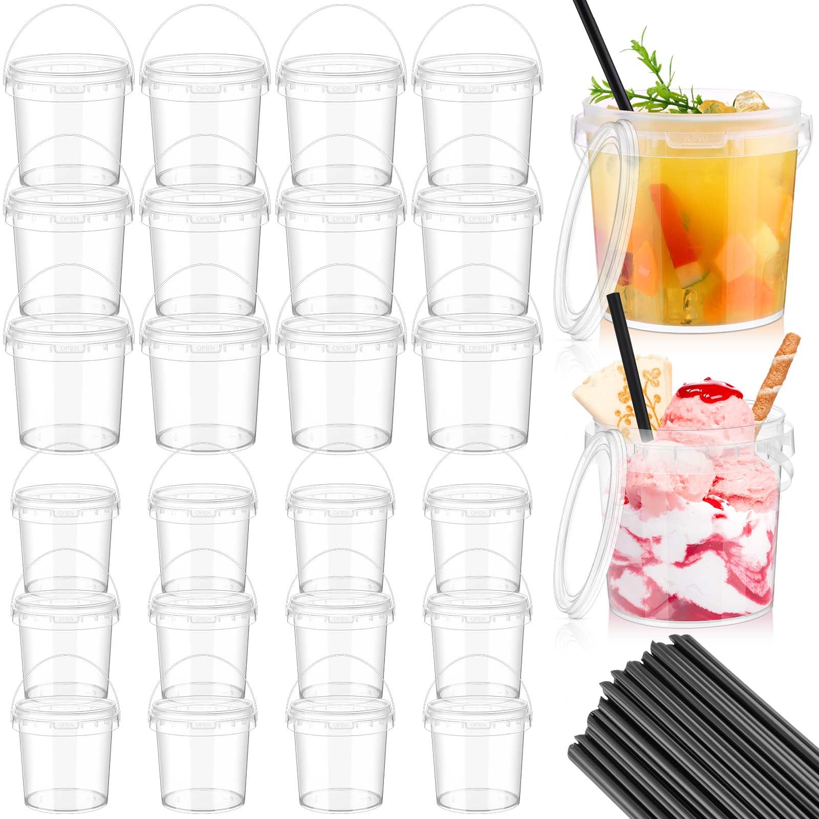 24-Piece Clear Plastic Ice Cream Buckets with Lids & Straws - Food Storage Containers for Cold Drinks, Desserts & Party Snacks - Perfect for Summer Beach Parties, Picnics & Outdoor Gatherings