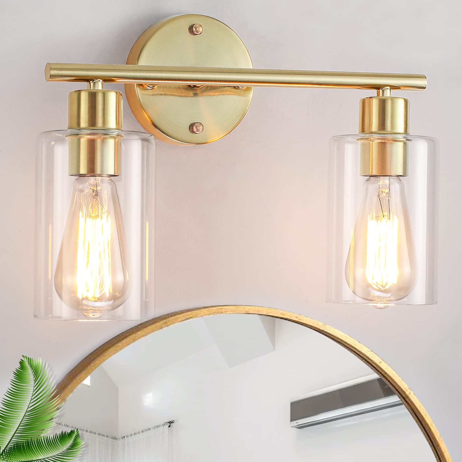 MRHYSWD 2-Light Gold Brushed Brass Bathroom Vanity Light Fixture with Clear Glass Shade - Modern Wall Sconce for Mirror Lighting, Living Room, Porch, Bedroom, Hallway & Staircase - Elegant Home Decor for Bathroom & Interior Spaces