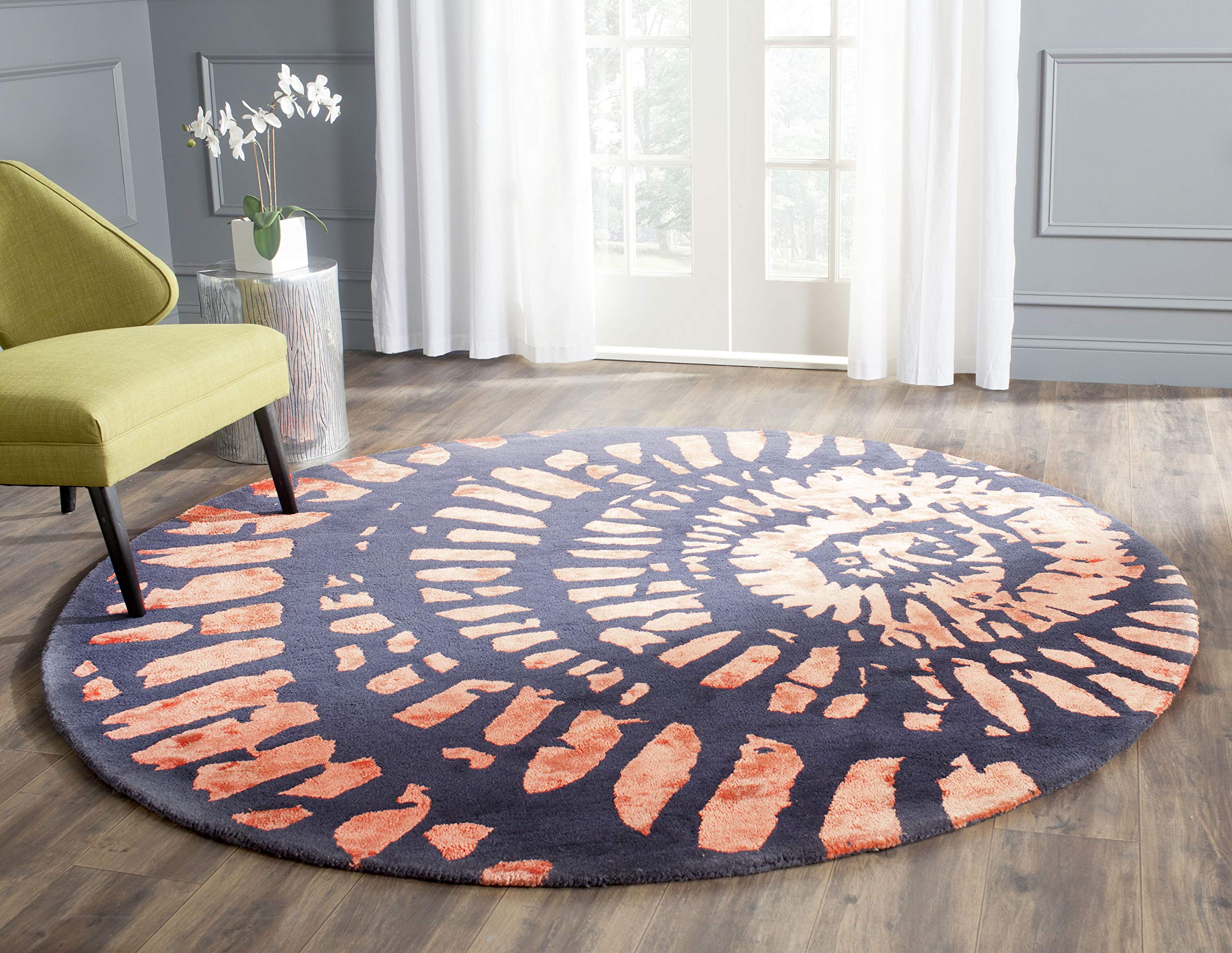 SAFAVIEH Capri Collection 7' Round Blue Handmade Premium Wool Area Rug - Stain-Resistant Steel Blue Persian Design for Living Room, Bedroom & Office Decor