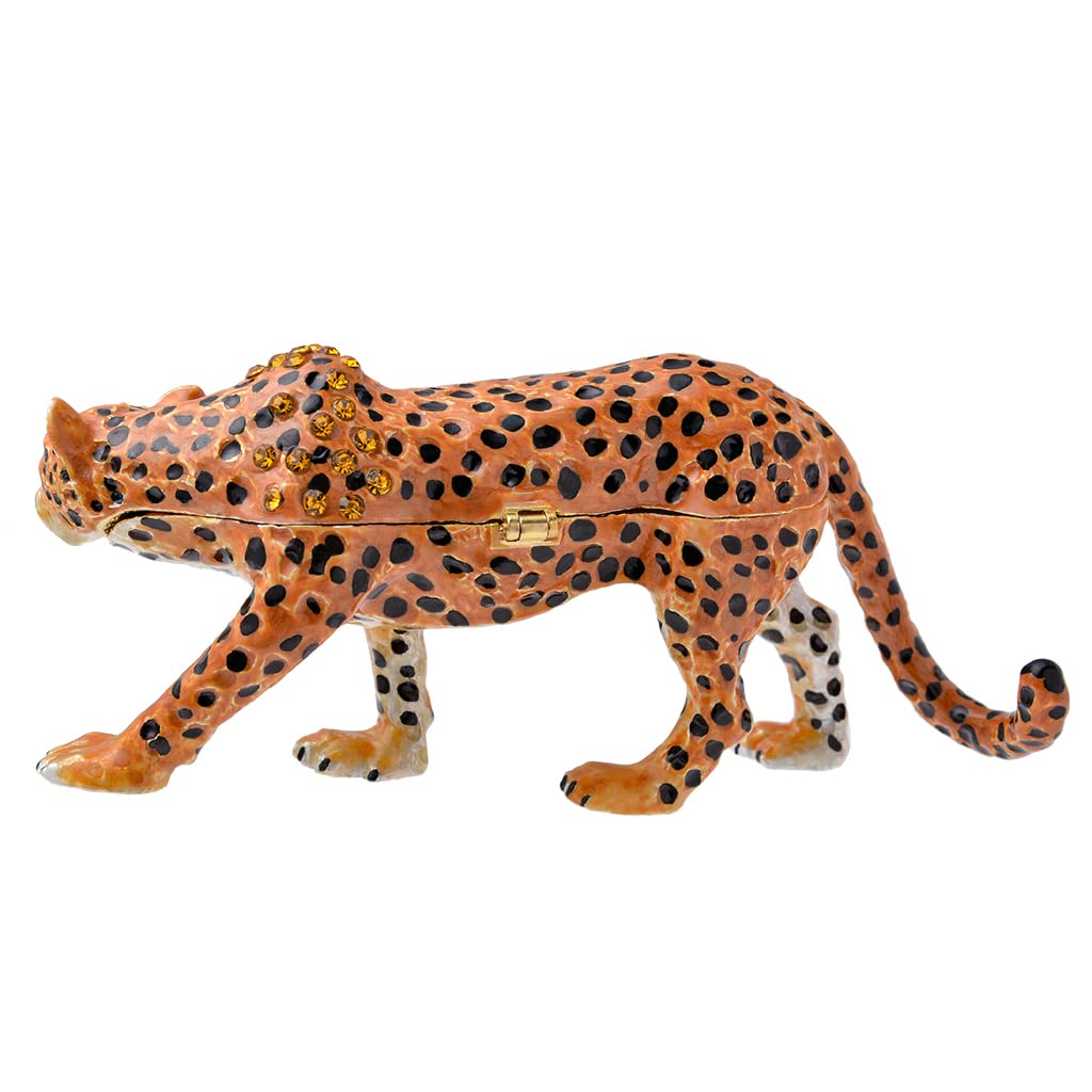 Golden Crystal Enameled Leopard Jewelry Box - Hand-Painted Hinged Jaguar Trinket Box for Women, Elegant Home Décor & Unique Gift for Animal Lovers - Perfect for Jewelry Storage, Vanity Organizer & Gift Giving