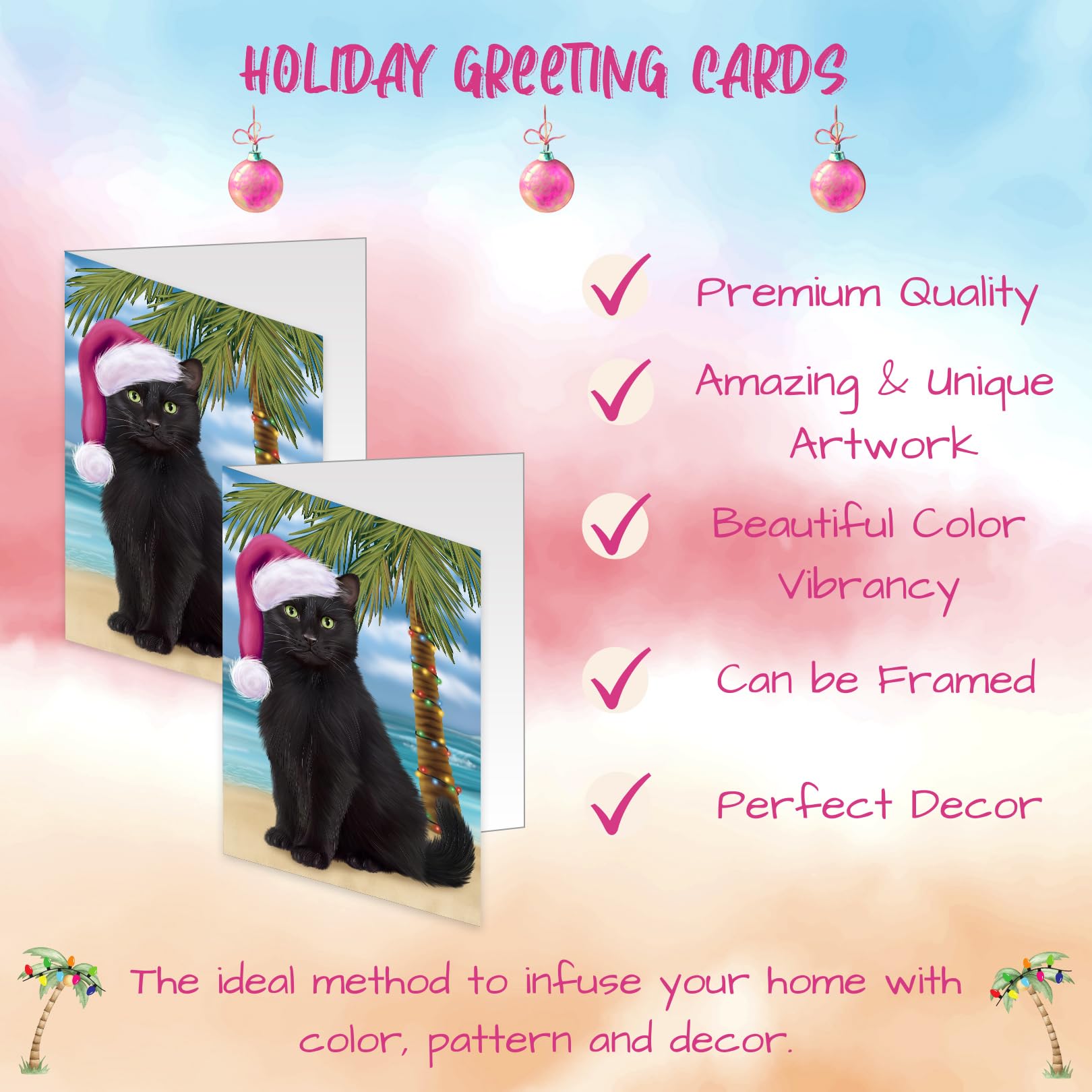 Tropical Beach Black Cat Greeting Cards - 10 Adorable Pet Invitation Cards with Envelopes - Perfect for Christmas, Birthday & Special Occasions - Pet Lover Artwork GCD67649 | Ideal for Cat Owners, Holiday Gifts & Party Invitations