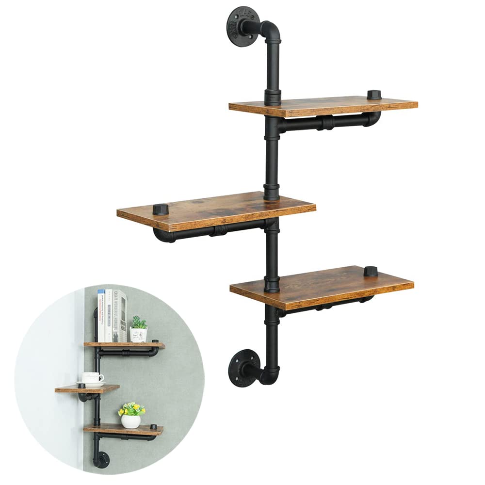 Industrial Pipe Shelving with Wood Planks - Rustic Floating Wall Mounted Shelves for Bar, Kitchen & Living Room | Perfect for Home Decor, Storage & Display