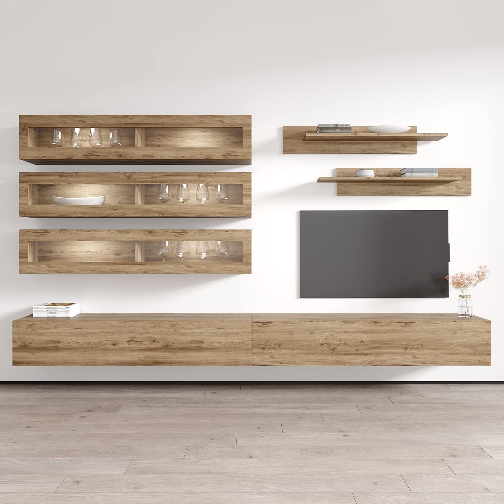 Modern Floating TV Stand with Storage & LED Lights - Wall-Mounted Entertainment Center for Bedroom & Living Room - Oak Wood TV Console with Shelves - Perfect for Small Spaces & Home Theater Setups
