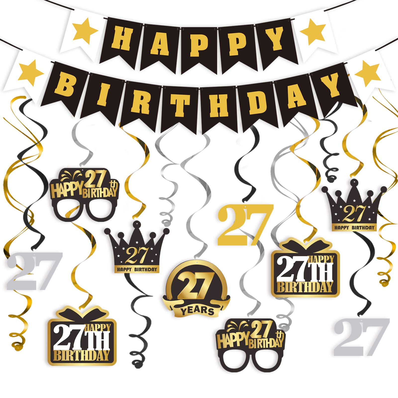 LINGTEER 27th Birthday Party Decorations Set - Happy Birthday Banner, Swirls Streamers & Hanging Backdrop for 27 Years Old Celebration | Perfect for Bday Parties, Home Decor, and Photo Backdrops