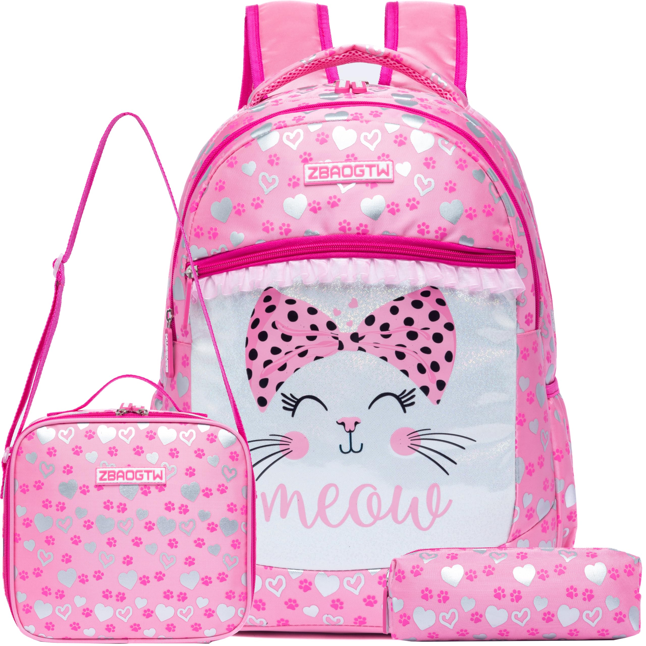 **Meetbelify Cute Cat Backpack for Girls - School Backpack with Lunch Box & Pencil Case, Elementary Student Bookbag for Kids Ages 6-8, Perfect for School, Travel & Daily Use**