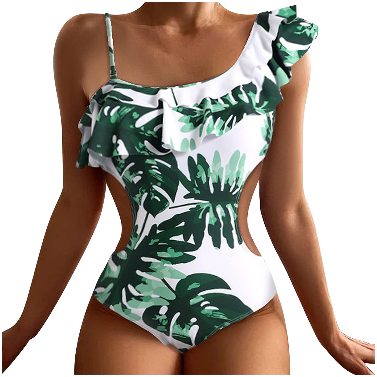 BLVB Women's Sexy Ruffles One Piece Swimsuit - Floral Print Bathing Suit for Summer Beach, Pool Party & Vacation Swimwear