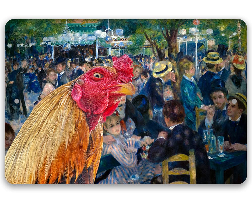 Durable Metal Wall Art - Dance at Le Moulin de la Galette Painting Reproduction - Vintage French Cafe Scene with Rooster - 8x12 Inch Weatherproof Sign for Home, Bar, Chicken Coop & Outdoor Decor - Funny Farmhouse Art Gift