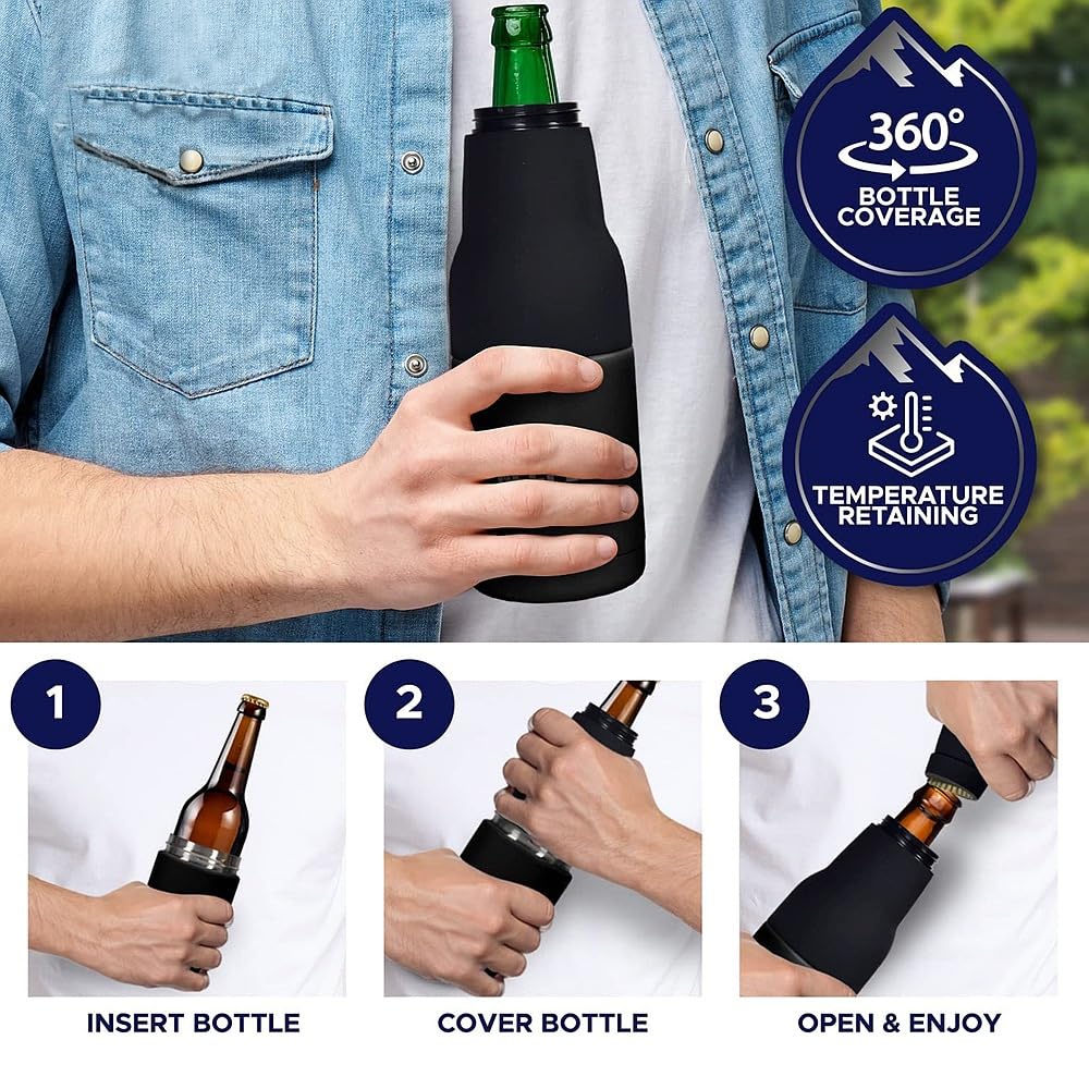 Premium Stainless Steel Beer Bottle & Can Cooler with Built-in Opener - 12oz Double-Walled Insulated Holder with Non-Slip Silicone Base - Keeps Beer, Soda & Drinks Cold - Perfect for BBQs, Parties, Camping & Outdoor Events (Black)