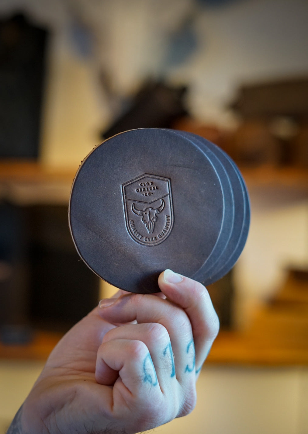 Premium Leather Coasters Set - Round Bison Leather Coasters in Dark Amber Harness for Drinks, Home Bar & Office Desk Decor