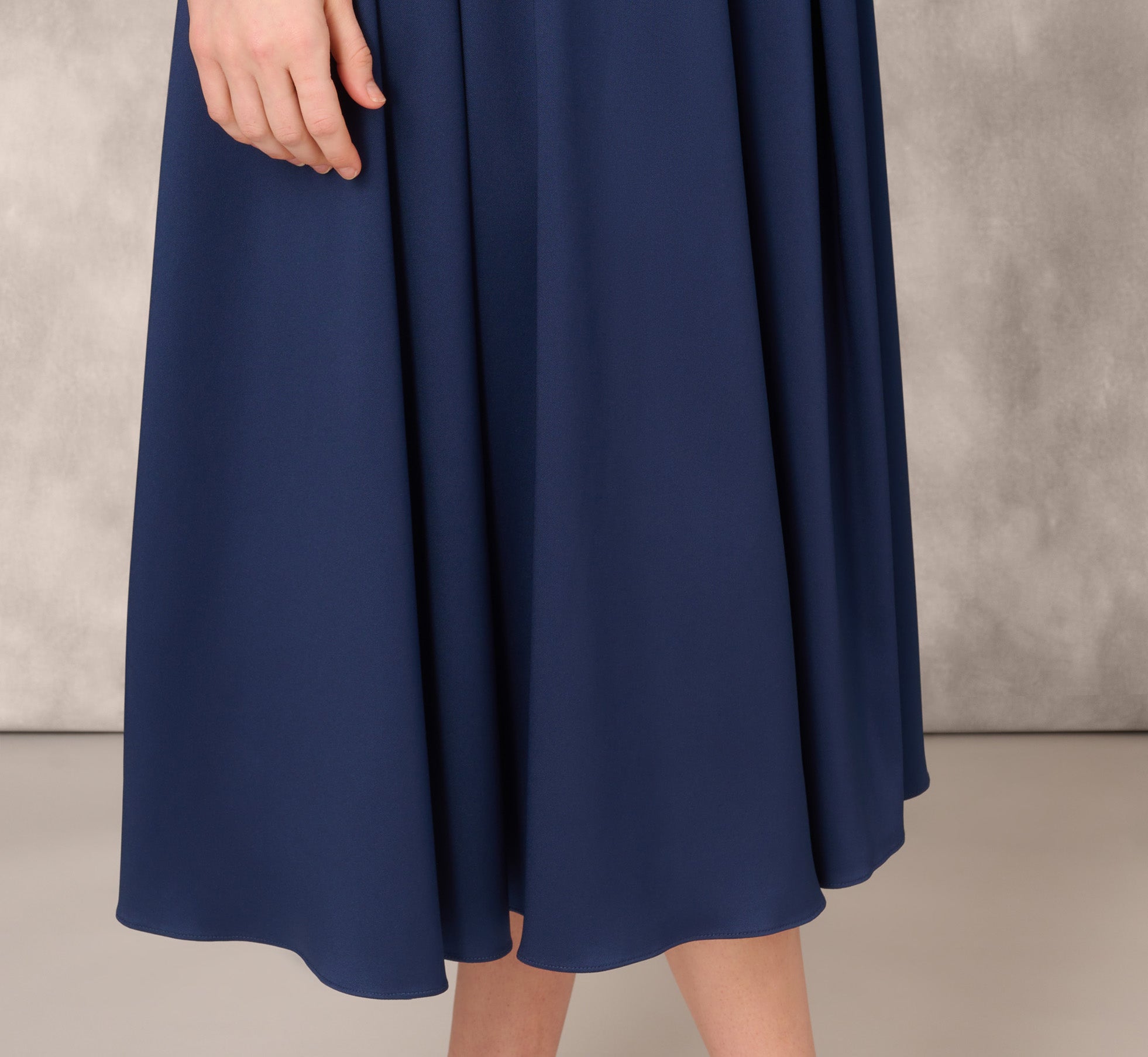 Elegant Navy Blue Stretch Mikado Midi Dress with Beaded Neckline & Spaghetti Straps | Perfect for Cocktail Parties, Weddings & Formal Events