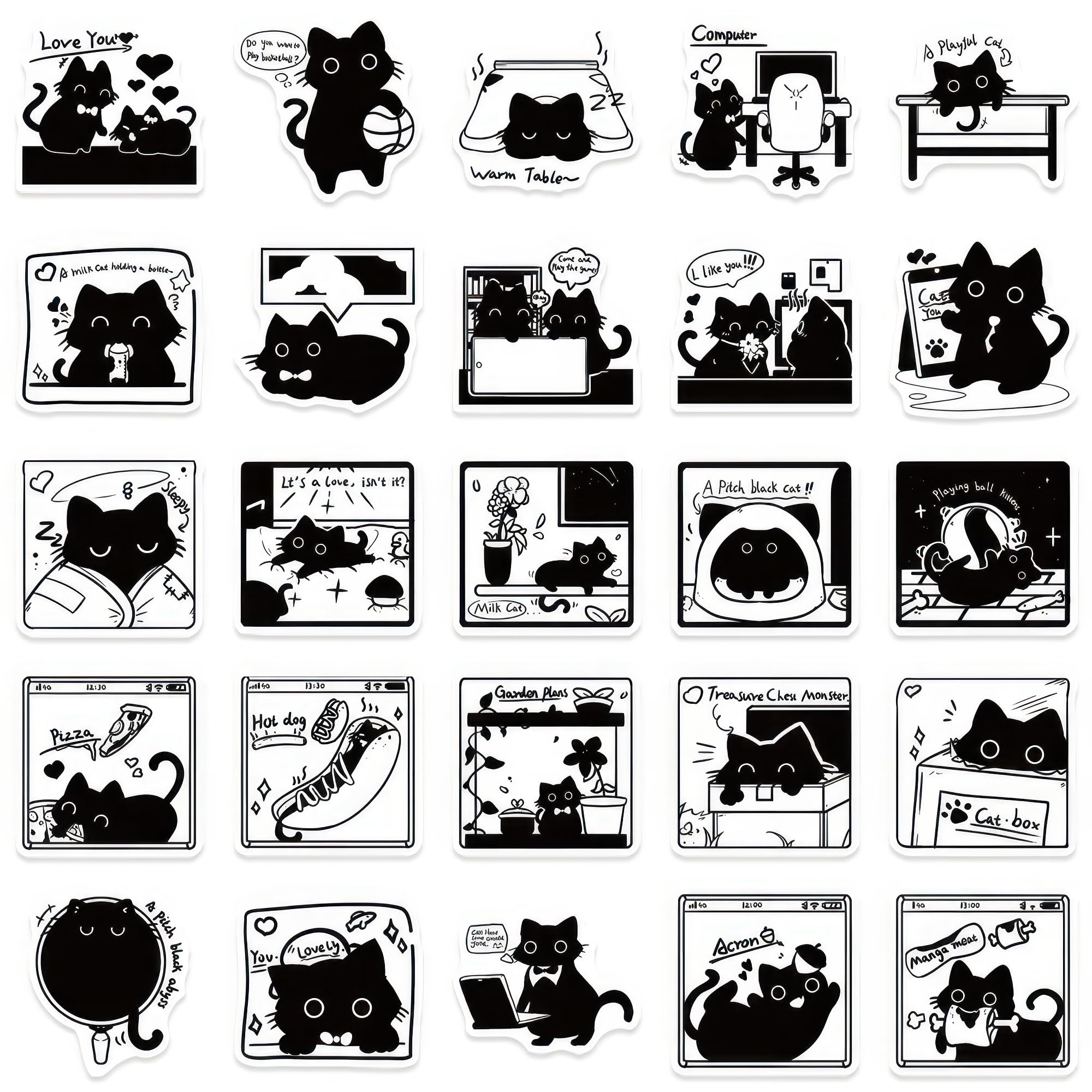 50 Pcs Cute Black Cat Meme Stickers - Waterproof Aesthetic Vinyl Decals for Water Bottles, Laptops, Cars & Planners | Fun Kitten Stickers for Teens, Girls & Kids | Perfect for Bedroom Windows, DIY Crafts & School Supplies