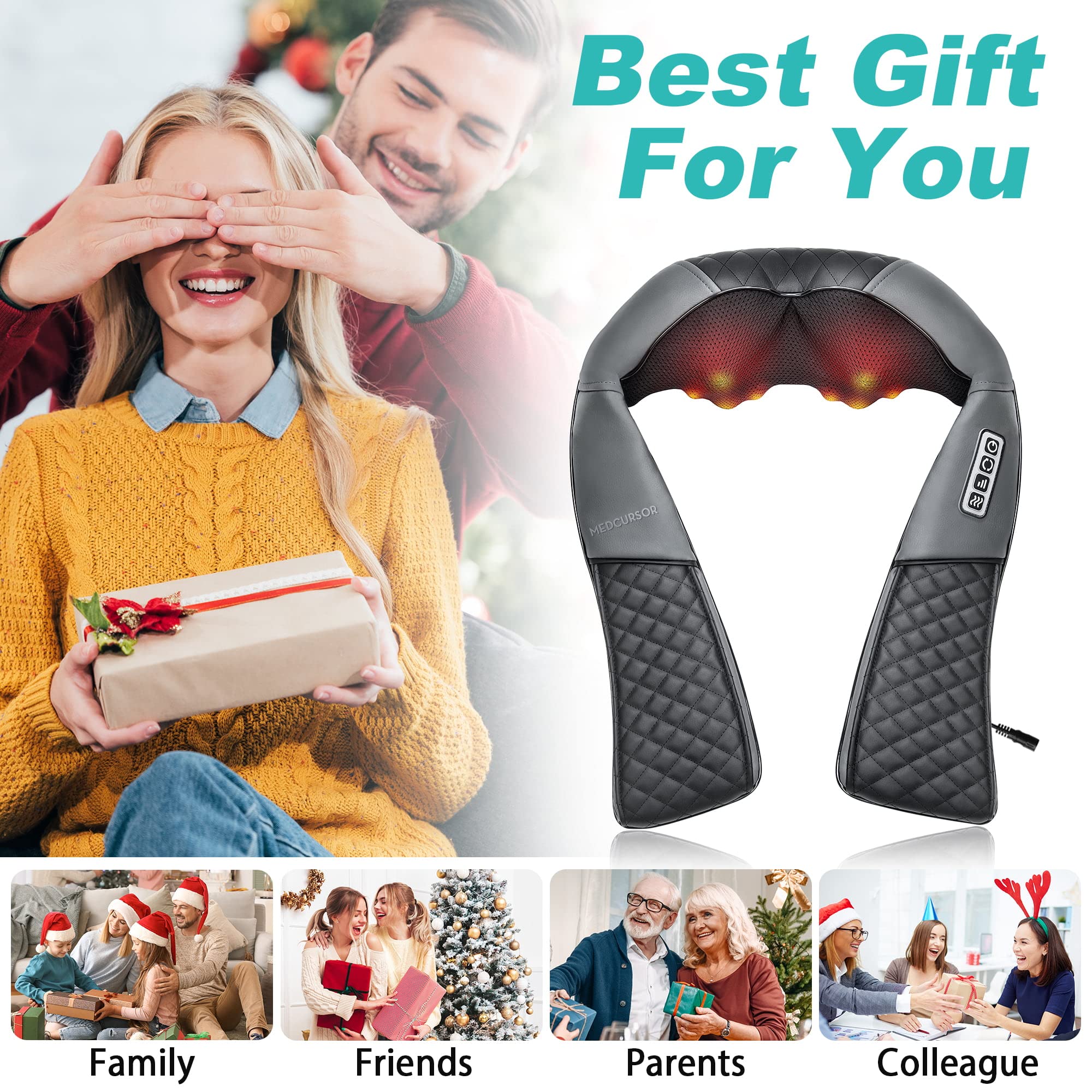 Medcursor Electric Neck & Back Massager with Heat - Portable Shiatsu Deep Tissue 3D Kneading Pillow for Muscle Pain Relief (Battery-Free) - Perfect for Home, Office & Travel Use
