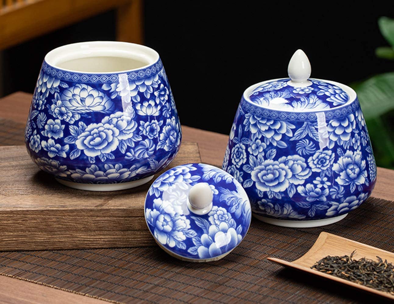 Blue and White Ceramic Candy Jar with Airtight Lid - Food Storage Container for Kitchen, Pantry, and Office Snacks