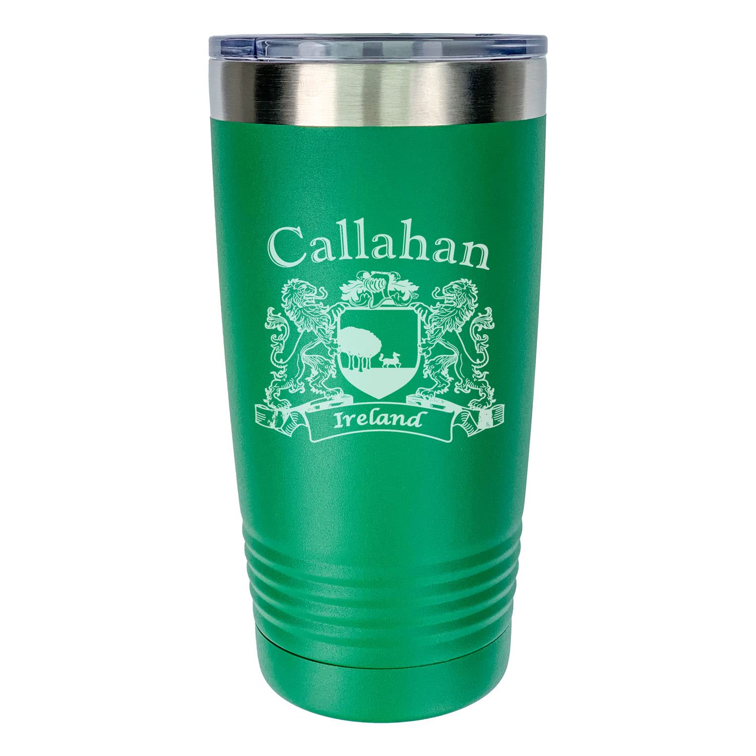 Callahan Irish Coat of Arms Stainless Steel Green Travel Tumbler - 20oz Insulated Mug with Lid, Perfect for Coffee, Tea & Cold Drinks - Ideal for Travel, Office & Outdoor Adventures