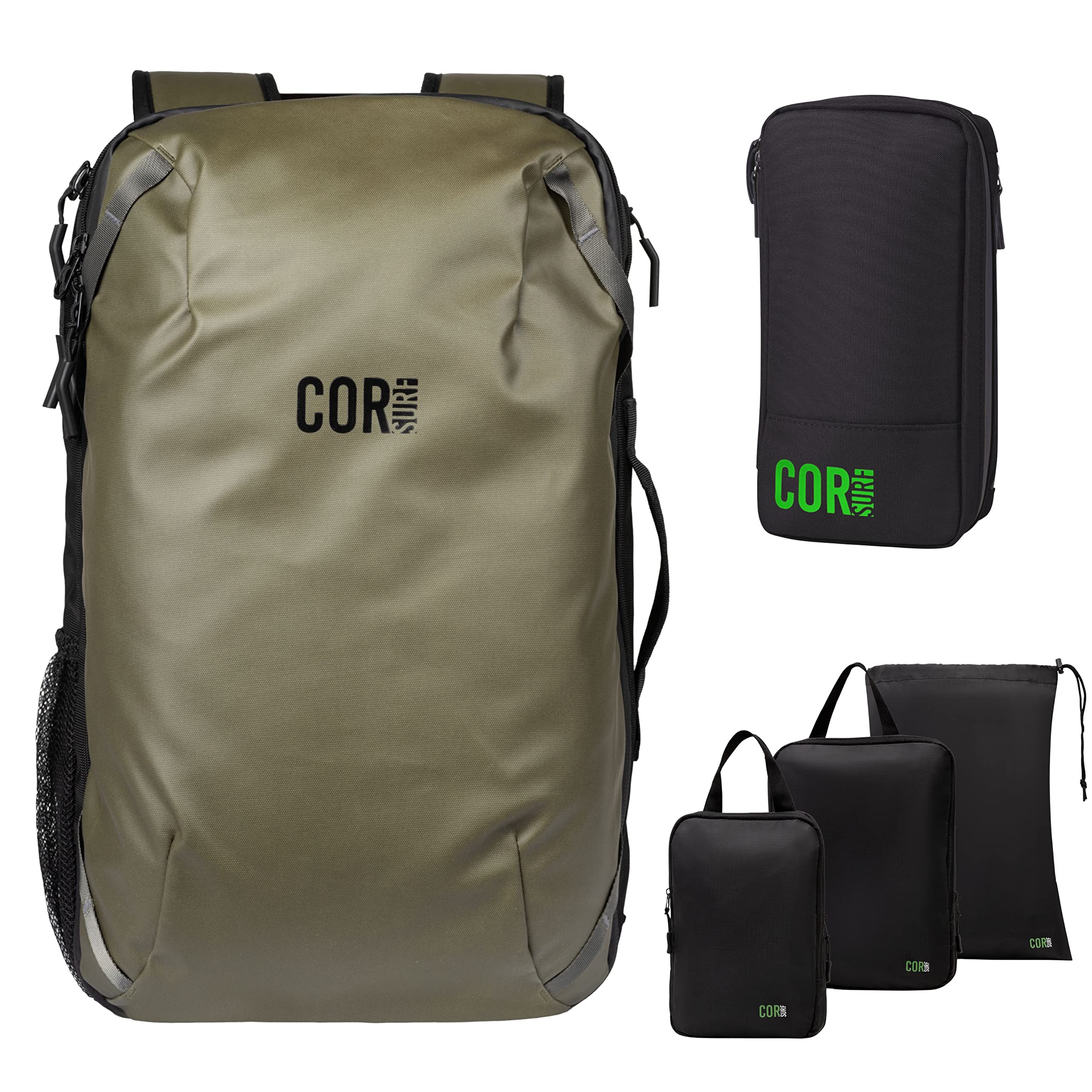 Island Hopper 38L Carry On Travel Backpack Bundle with Toiletry Bag & Compression Packing Cubes - Lightweight Waterproof Green Backpack for Airplane, Hiking & Weekend Getaways
