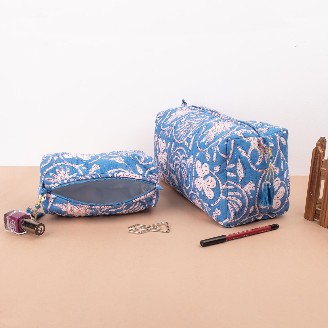 Waterproof Hand Block Printed Makeup & Toiletry Bag Set of 3 - Large Cosmetic Travel Organizer with Pockets for Women, Perfect for Vacation, Gym & Daily Essentials Storage