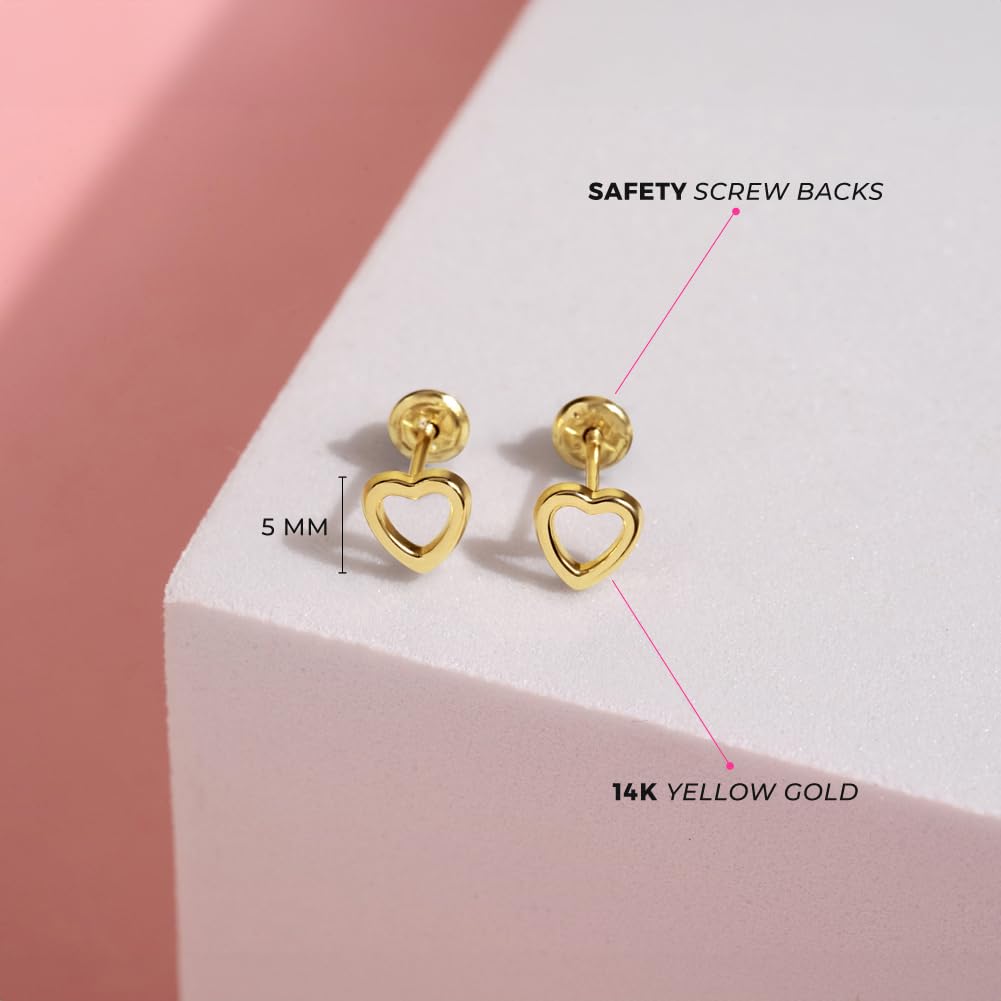 14K Yellow Gold Tiny 5mm Open Heart Screw Back Earrings for Girls & Toddlers - Classic Safety Locking Stud Earrings - Perfect for Birthdays, First Communion & Special Occasions