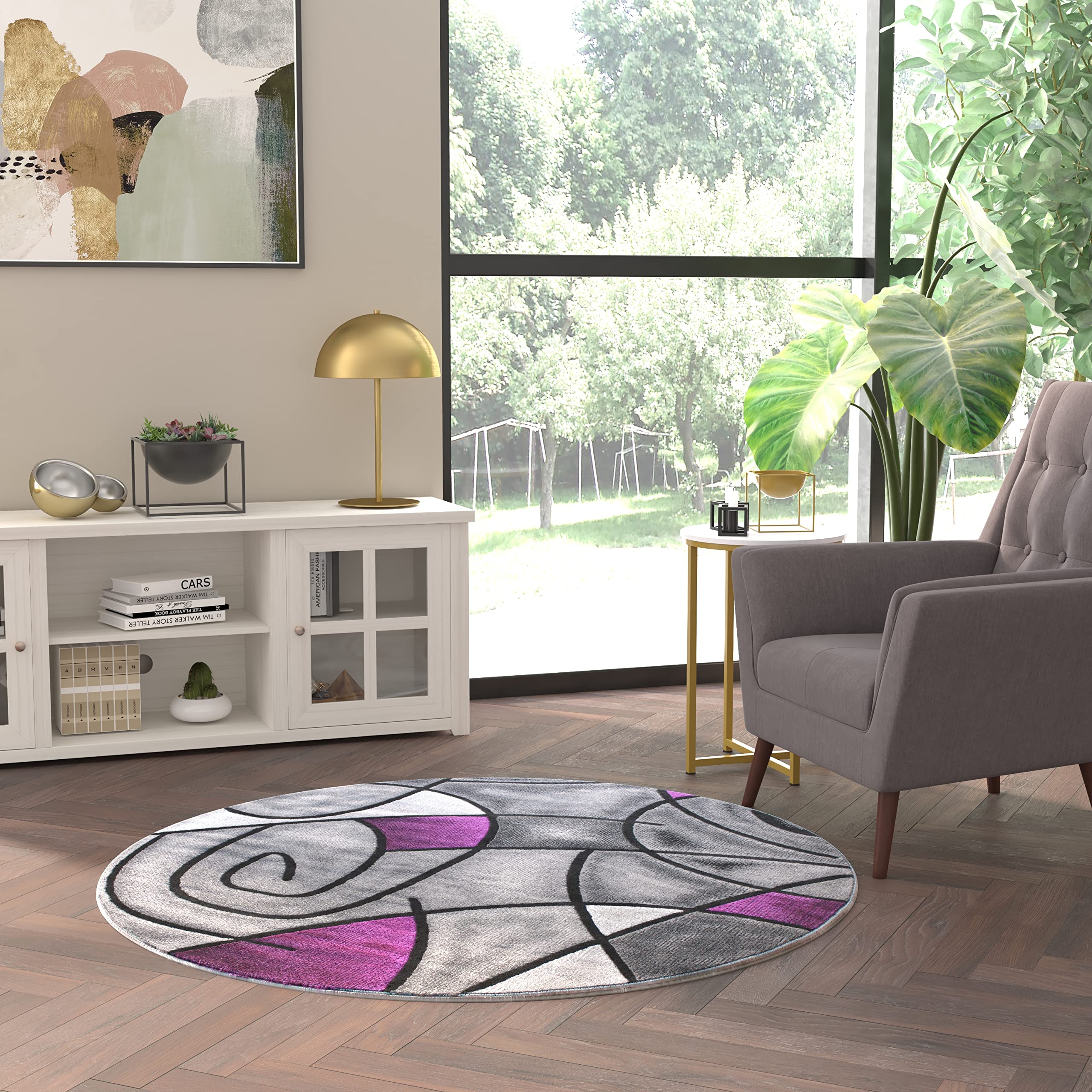 EMMA + OLIVER 5x5 Round Plush Olefin Accent Rug - Abstract Geometric Pattern with Gradient Gray & Purple Shades - Stain & Moisture Resistant - Perfect for Living Room, Bedroom or Office Decor