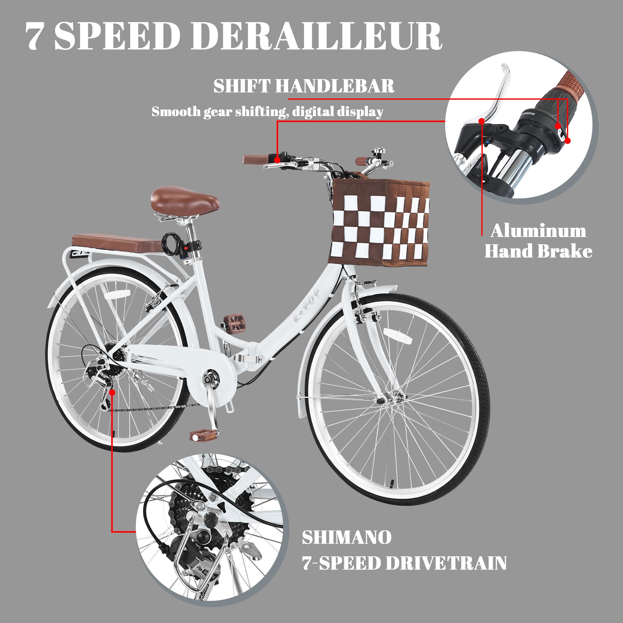 26 Inch Women's Foldable Beach Cruiser Bike - 7 Speed Commuter Bicycle with Basket & Fenders, High-Carbon Steel Frame - Perfect for Seaside Rides, City Commuting & Leisure Cycling