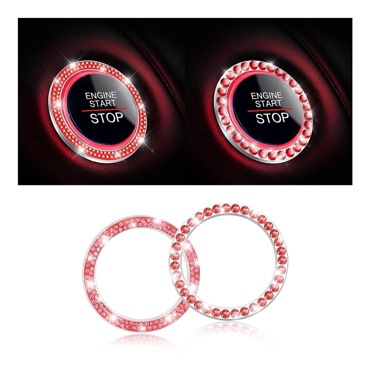 Bling Crystal Car Start Button Cover - Red Rhinestone Ring for Key Ignition & Engine Start - Stylish Car Accessories Upgrade