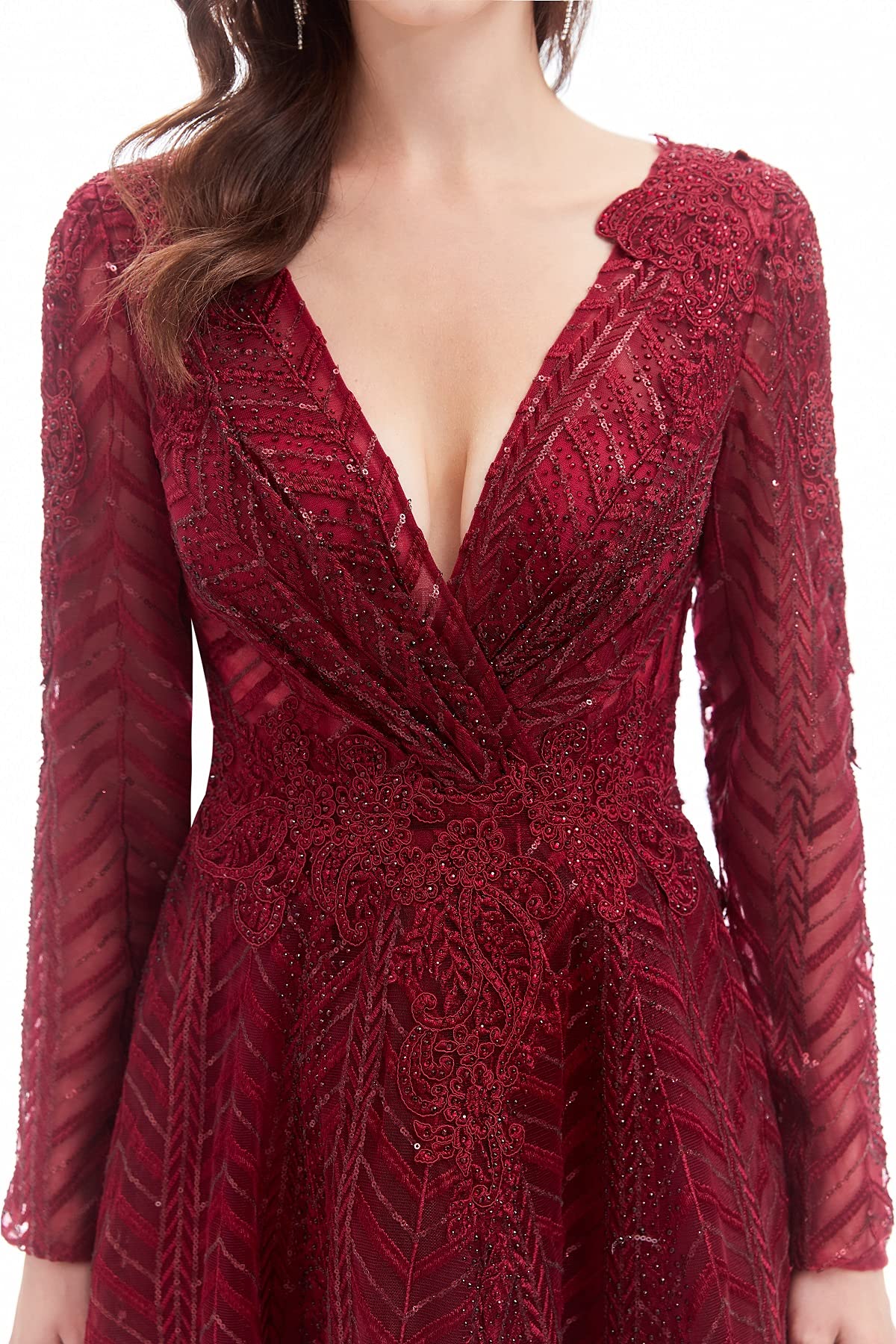 Elegant Long Sleeve Lace Evening Dress for Women - V-Neck Crystal Beaded Formal Gown for Prom, Wedding & Special Occasions