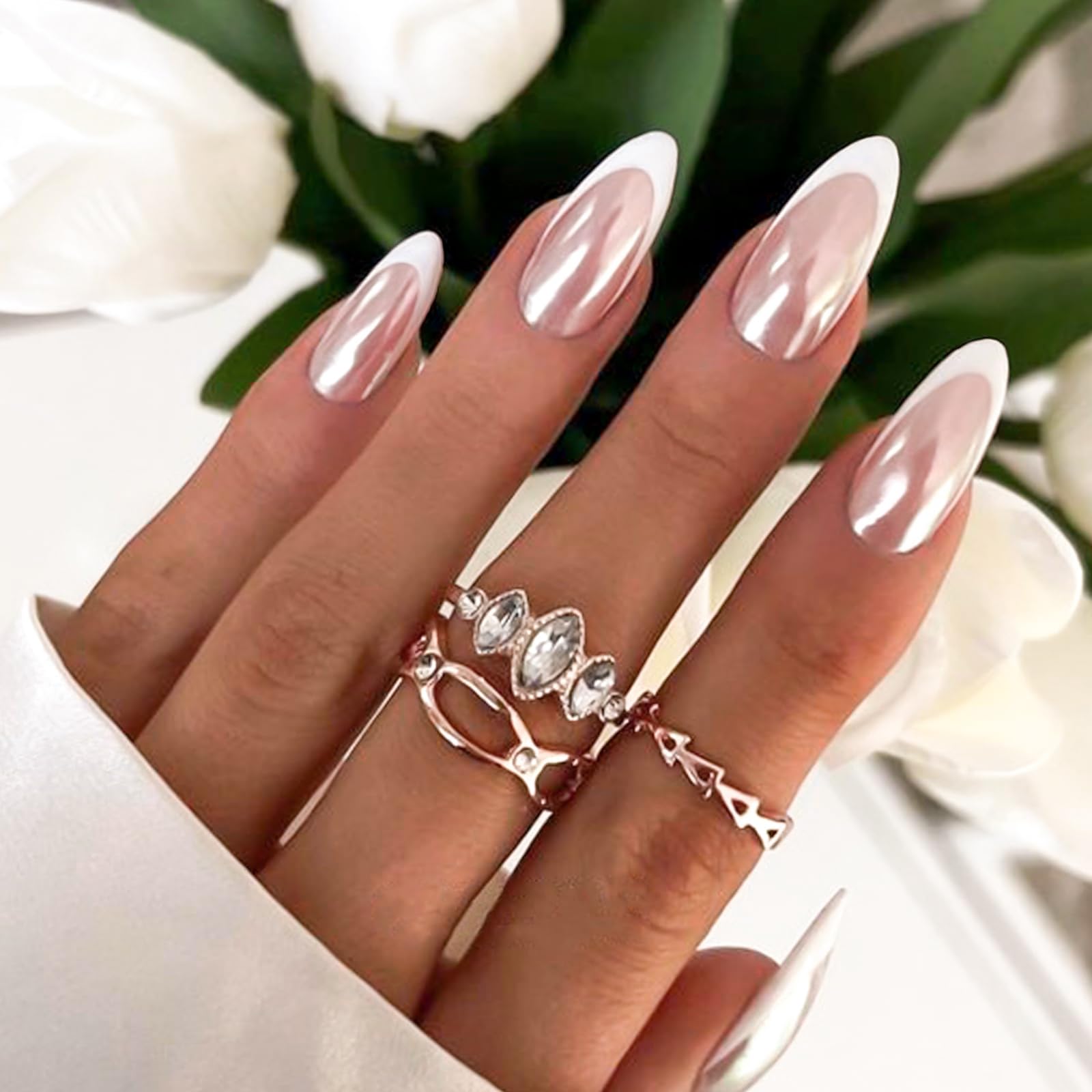 French Tip Press on Nails - Almond Medium Fake Nails with Chrome Designs | Glossy Nude False Nails | Mirror Glue on Acrylic Nails for Women | Perfect for Parties, Weddings & Everyday Wear