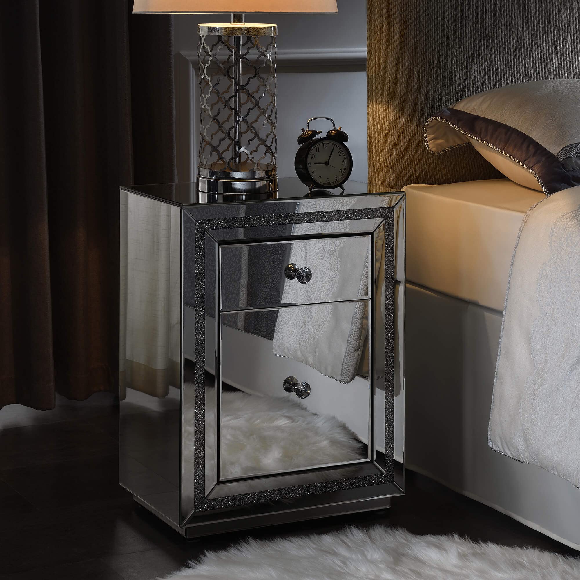 MIREO Mirrored Nightstand with Crushed Diamond Decor - Silver Accent Table for Living Room, Bedroom & Dressing Area - Elegant Bedside Table with Mirror Finish for Home Decor