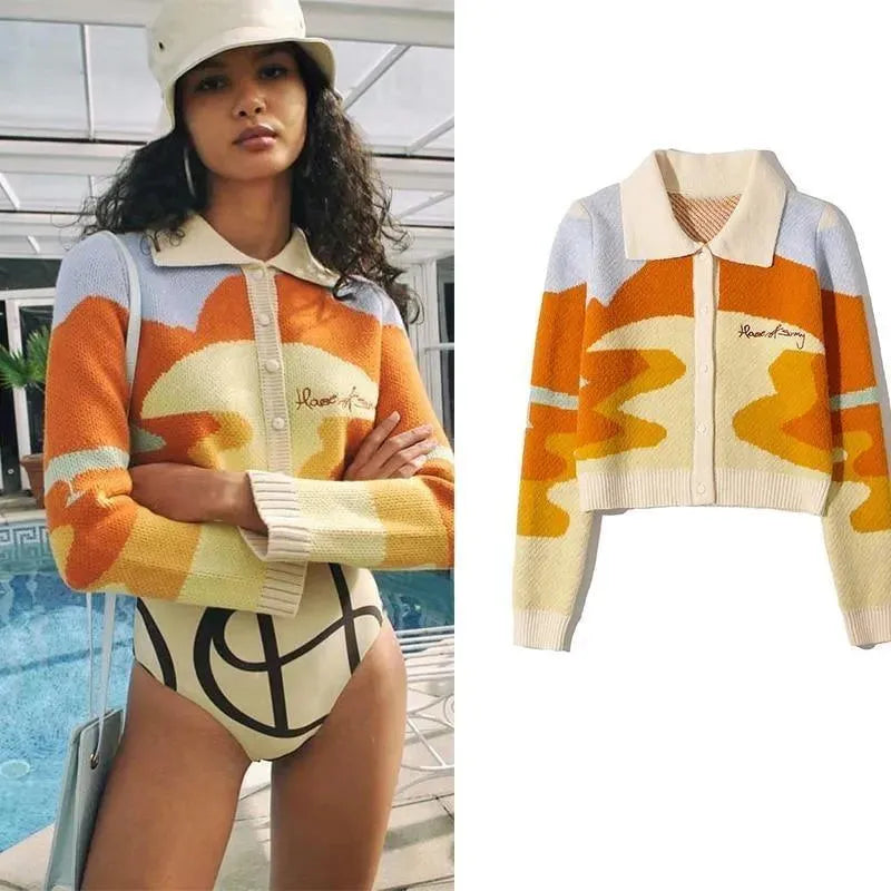 Women's Stylish Landscape Crop Cardigan Sweater - Lightweight Knit Open Front Wrap for Spring & Fall - Perfect for Casual Outfits, Office Wear, and Coffee Dates