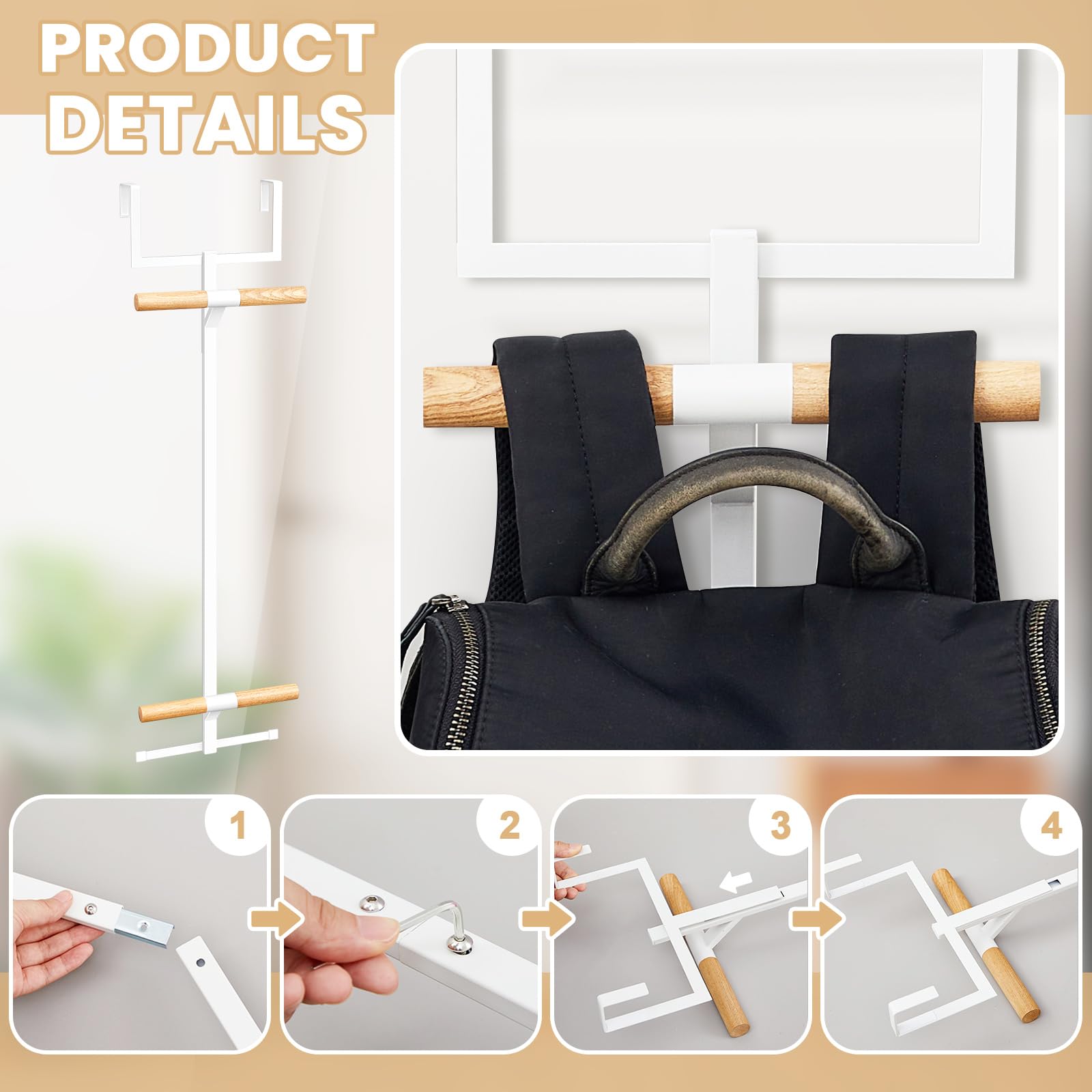Briwooody Over The Door Backpack Hanger - 2 Tier Metal Storage Rack for School Bags, Closet & Bedroom Organization - Easy Install White Hook for Space Saving (Perfect for Dorm, Kids Room & Small Spaces)