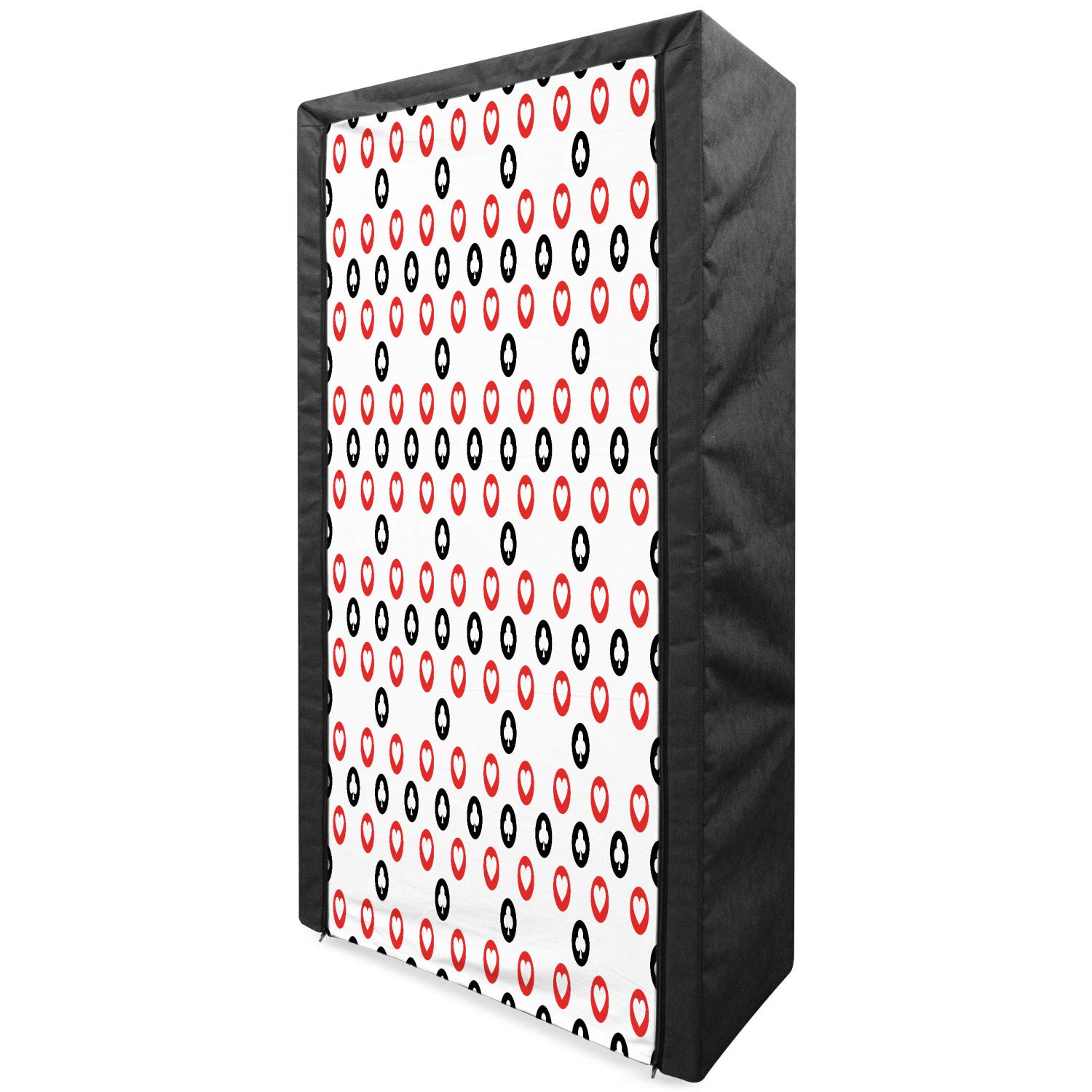 Lunarable Vintage Style Casino Portable Fabric Wardrobe - Spotted Pattern Playing Card Blackjack Gaming Design Clothing Organizer with Shelves, 33.5 Inch Storage Closet (Black White Red) - Perfect for Bedroom, Dorm, RV & Small Space Organization
