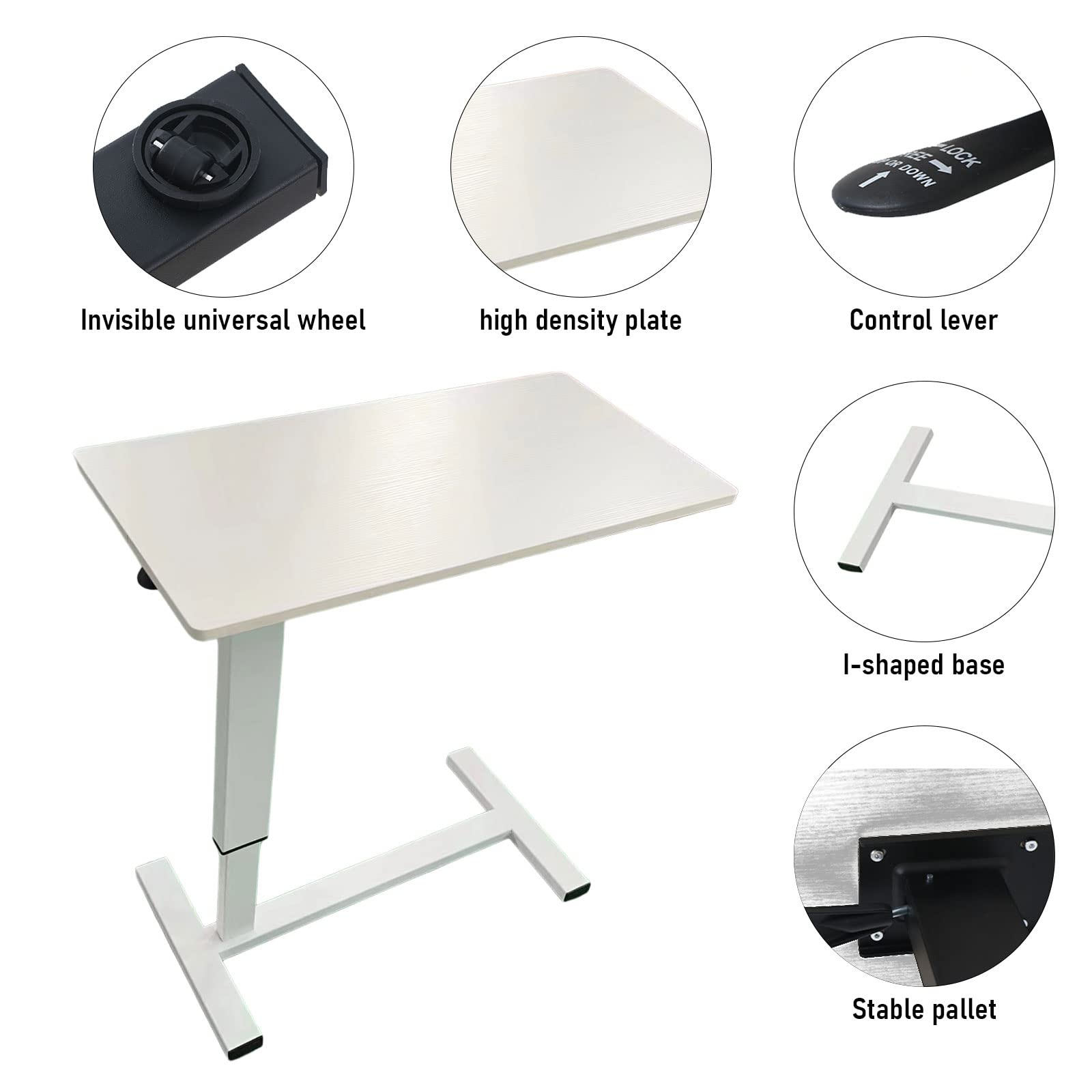 Adjustable Height Overbed Table with Swivel Wheels - Pneumatic Mobile Laptop Desk for Hospital, Office & Home - Sturdy Bedside Table for Working, Eating, Reading in Bed or Recovering Patients
