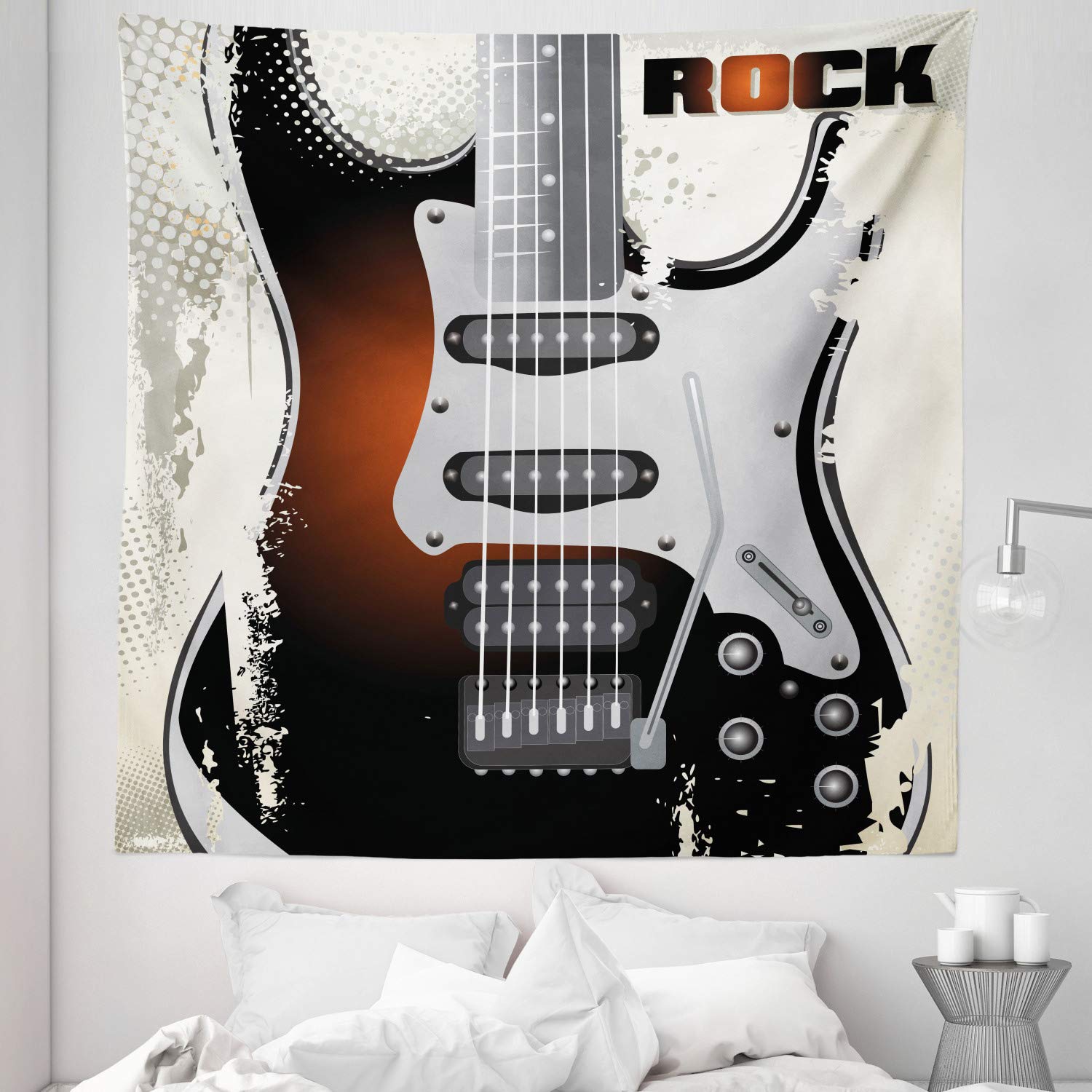 Ambesonne Rock Music Tapestry Queen Size - Vintage Guitar Design with Retro Halftone Grunge Background - 88